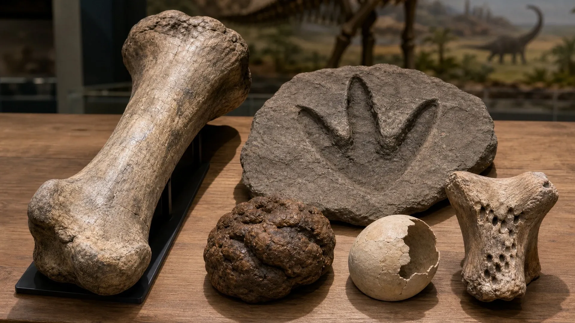 A dinosaur footprint in rock displayed beside fossil bone, an egg, and a coprolite on a museum table.
