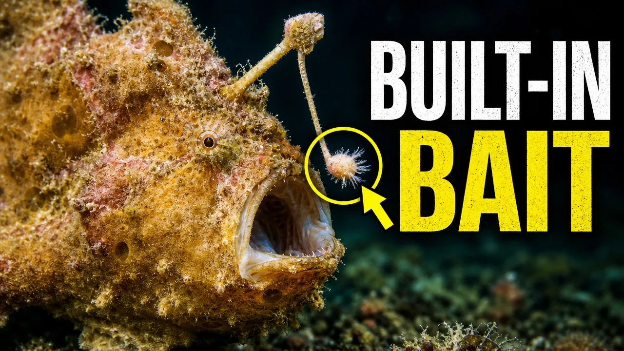 Camouflaged frogfish on a reef holding a worm-like biological lure directly above its mouth.