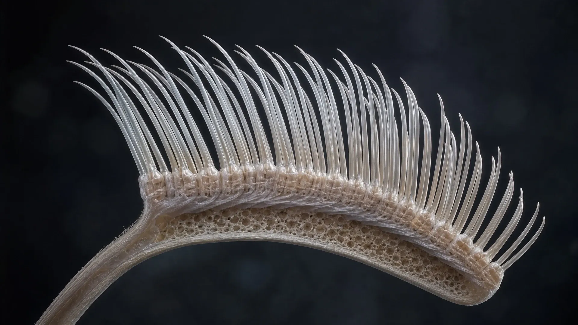 Magnified illustration of a curved gecko toe ridge covered with rows of fine hair-like setae.