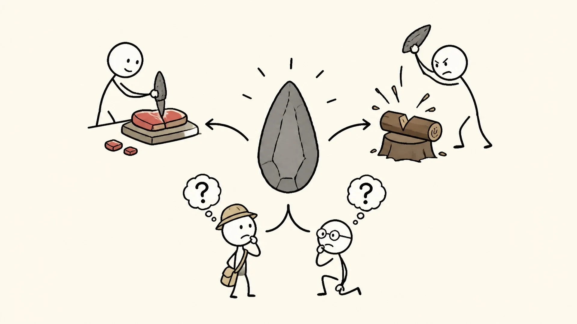A shaped stone tool sits between scenes of cutting meat and working wood while researchers debate its use.