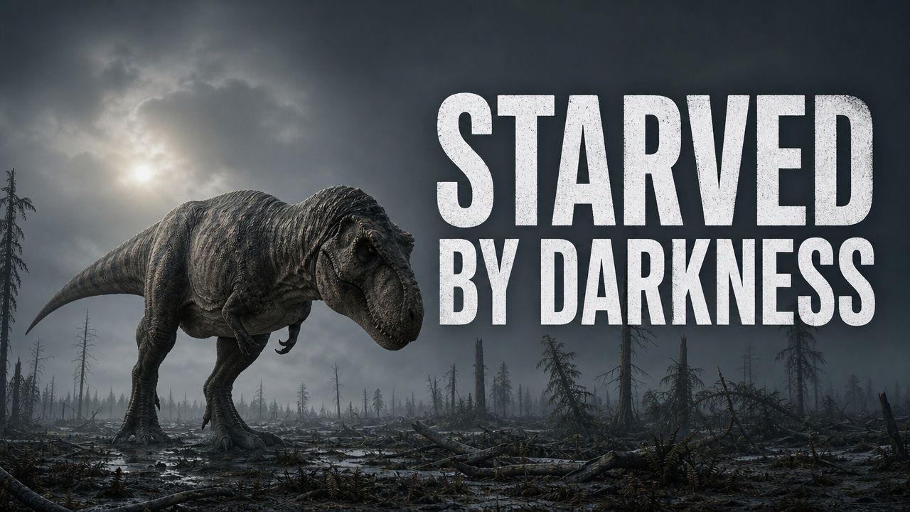 A Tyrannosaurus walking through a dead forest beneath a dim gray sky, beside the words Starved by Darkness.