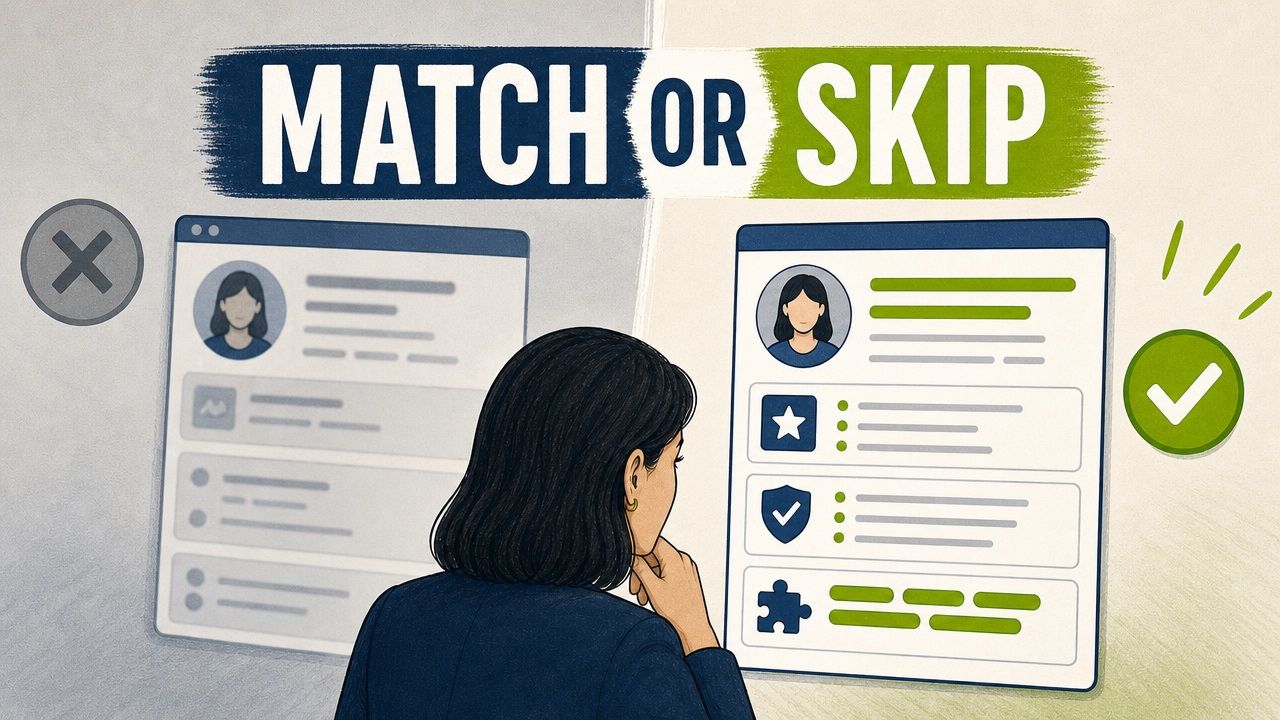 A recruiter comparing a vague profile with a clear profile under the words Match or Skip.
