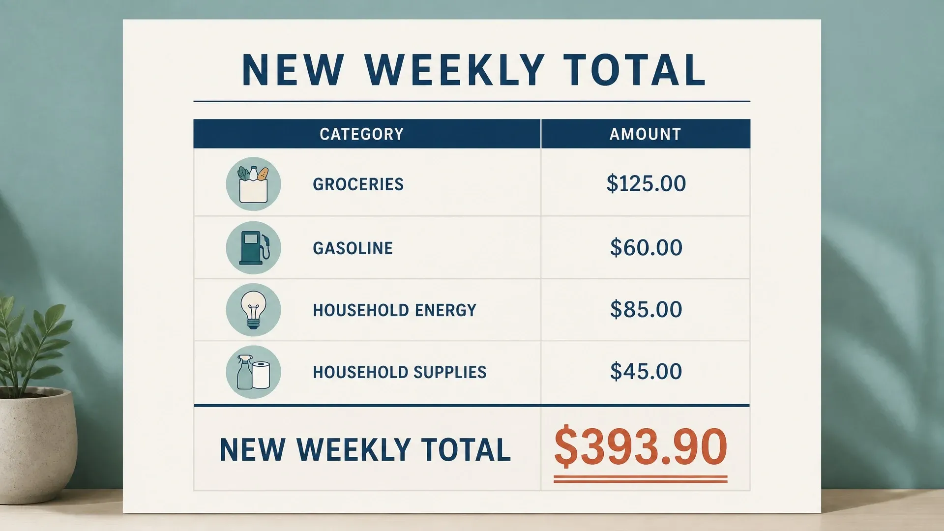 A weekly budget table combines groceries, gasoline, household energy, and supplies into a 393-dollar-and-90-cent total.
