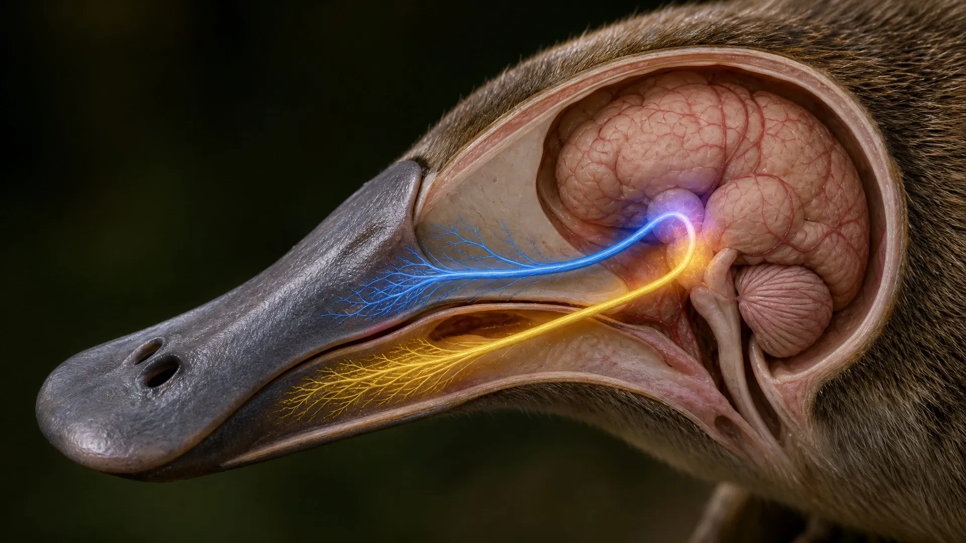 Electrical and mechanical nerve pathways from a platypus bill converge on neighboring regions of the brain.
