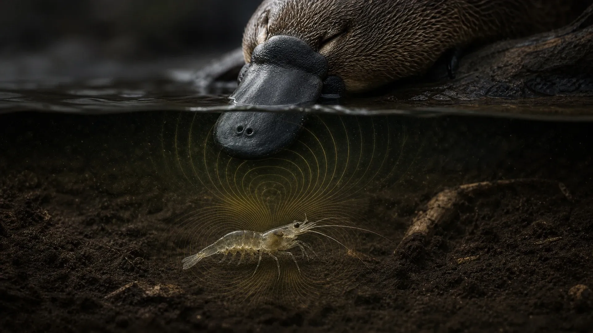 A platypus searches a dark riverbed as concentric electrical ripples reveal a moving shrimp beneath it.
