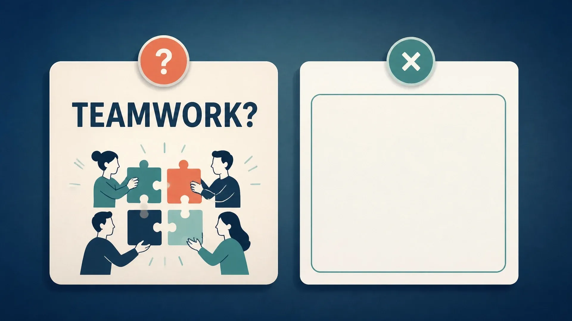 A teamwork question card sits beside an empty answer card marked as incomplete.