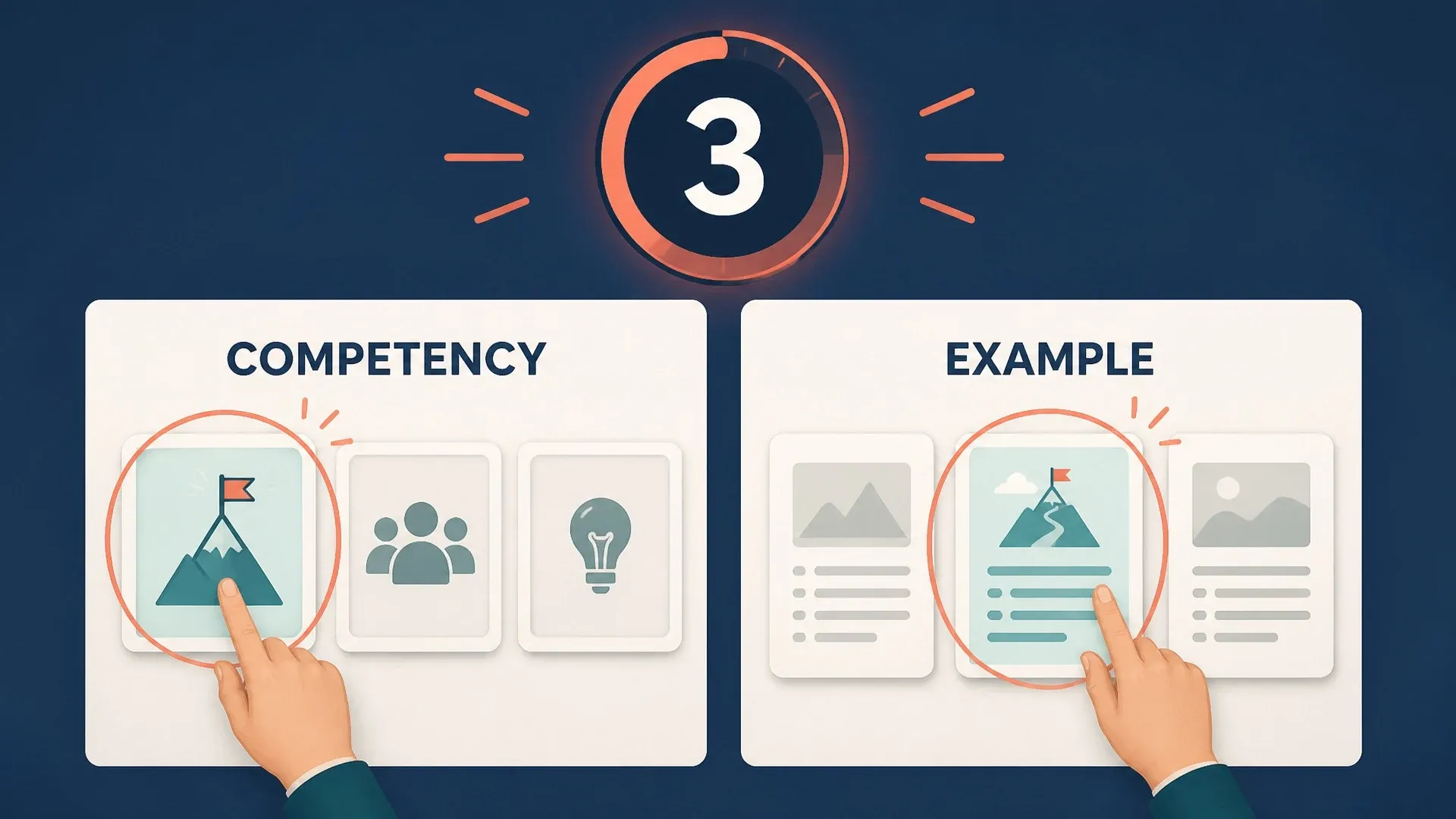 Competency and example cards are paired beneath a three-step timer.