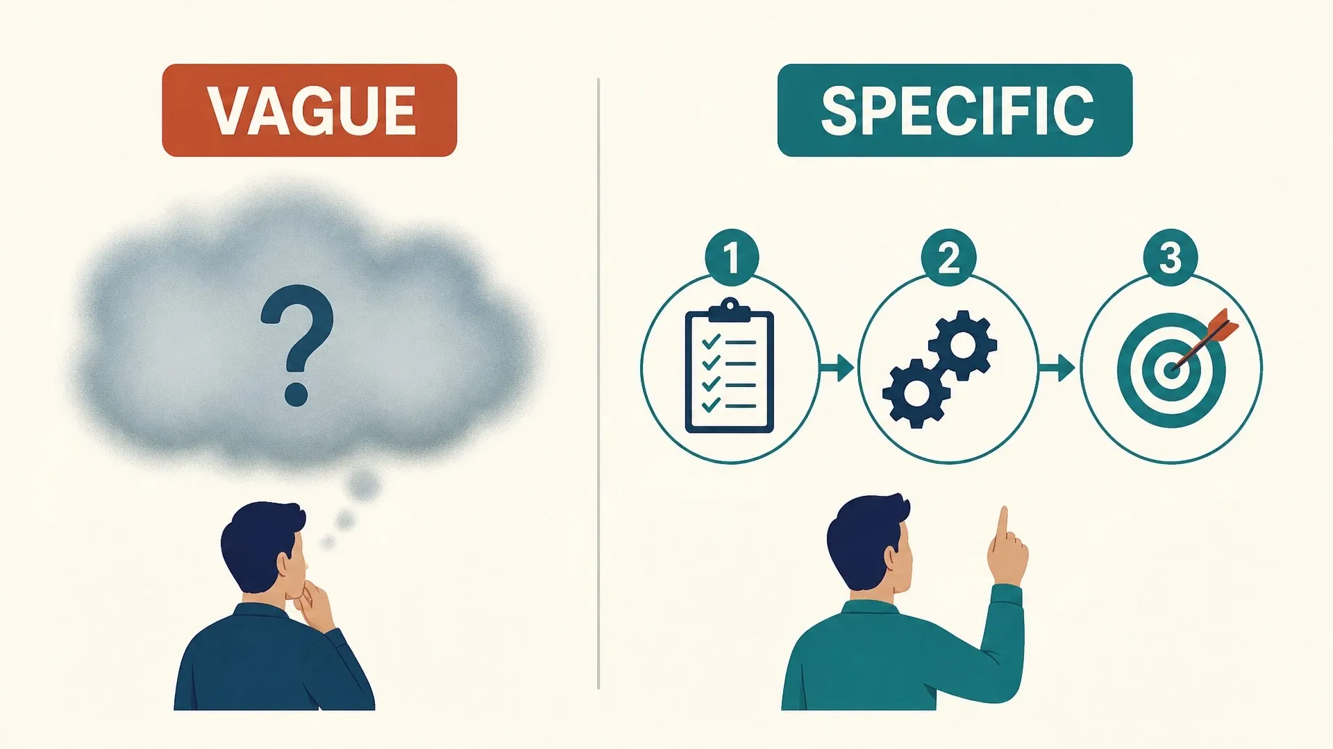 A vague weakness represented by a question mark beside a specific three-step work process.