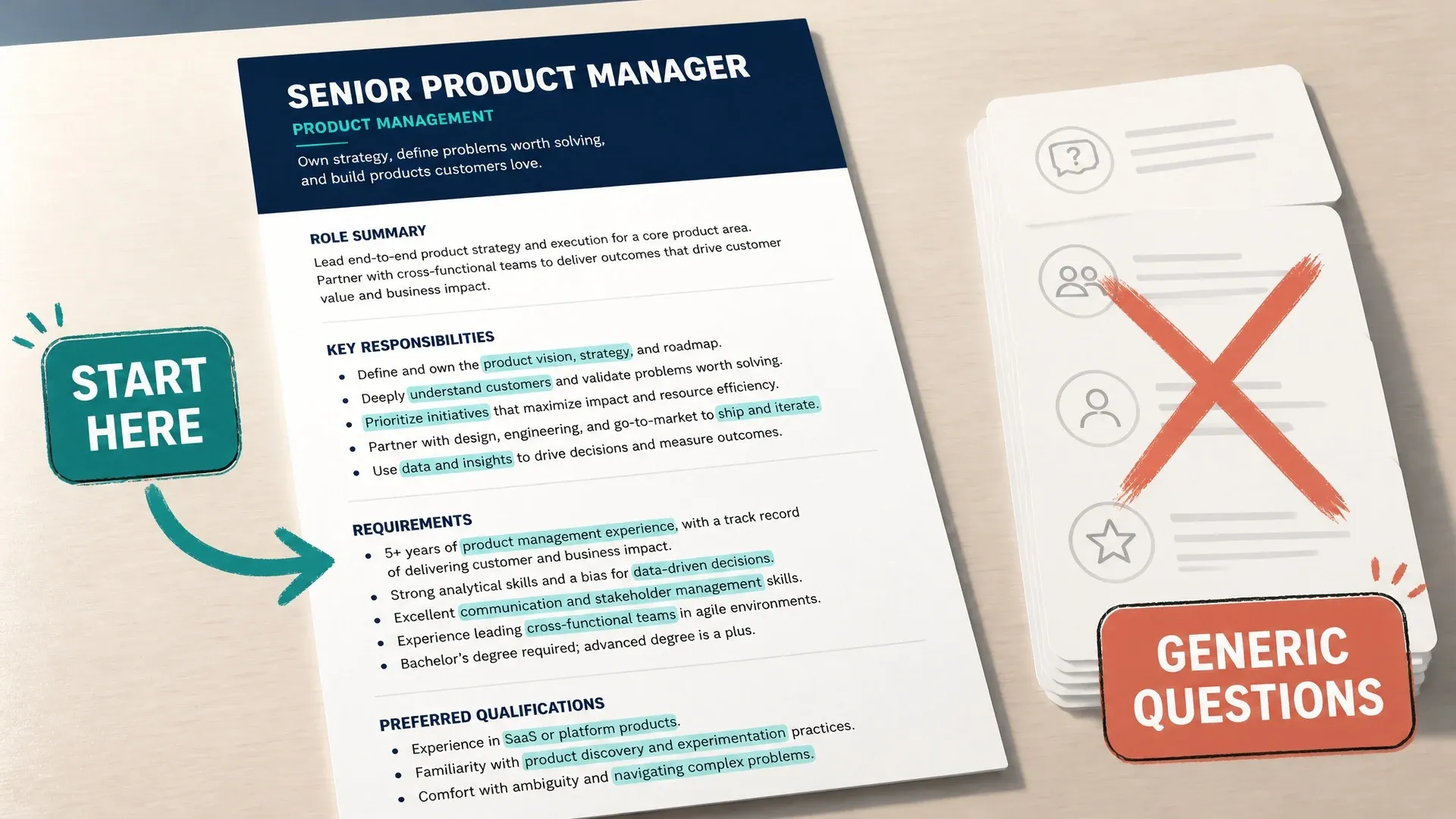 A job description is marked as the starting point while a generic question list is crossed out.