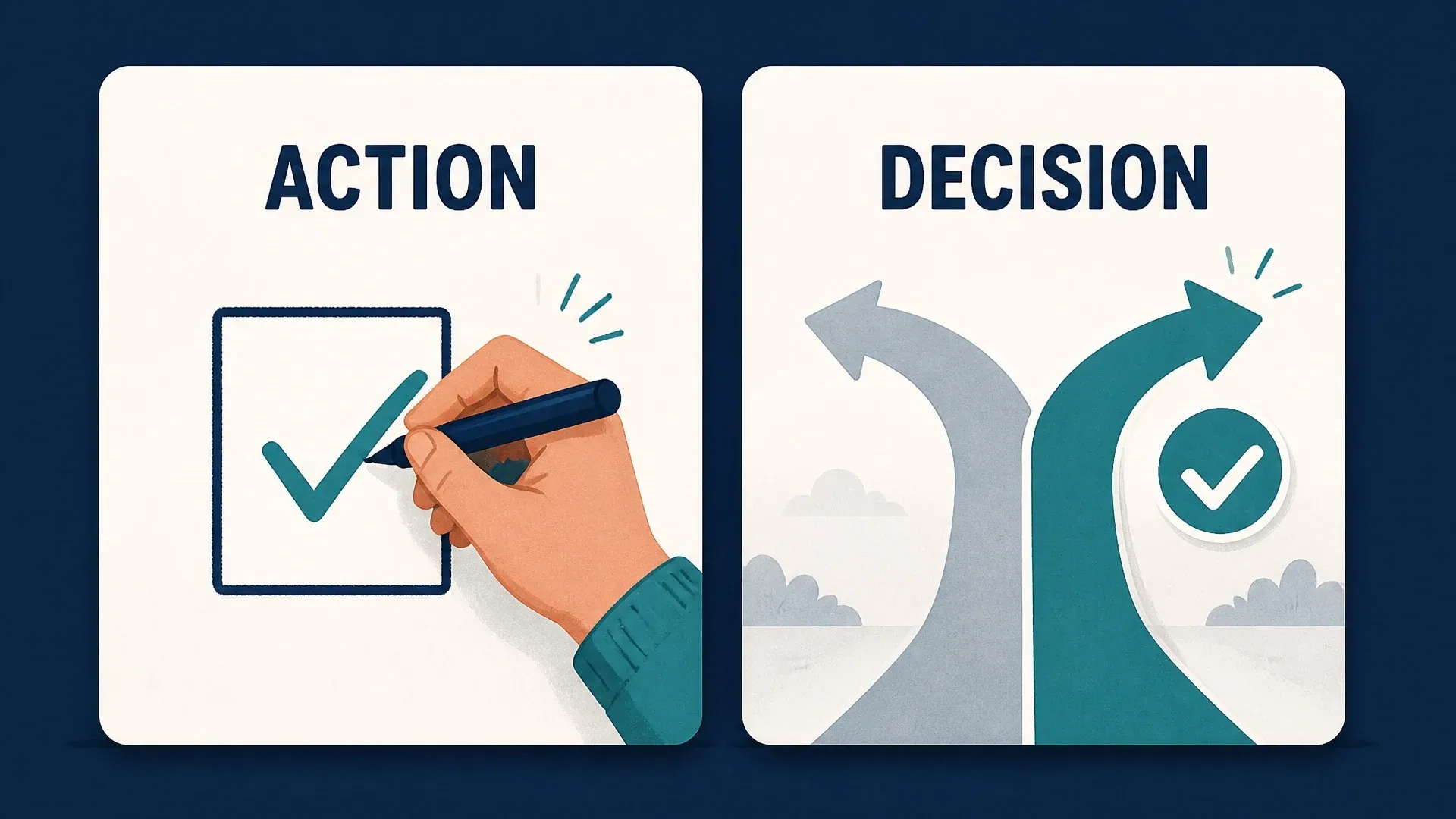 Two cards distinguish an interview candidate's concrete action from the decision behind it.
