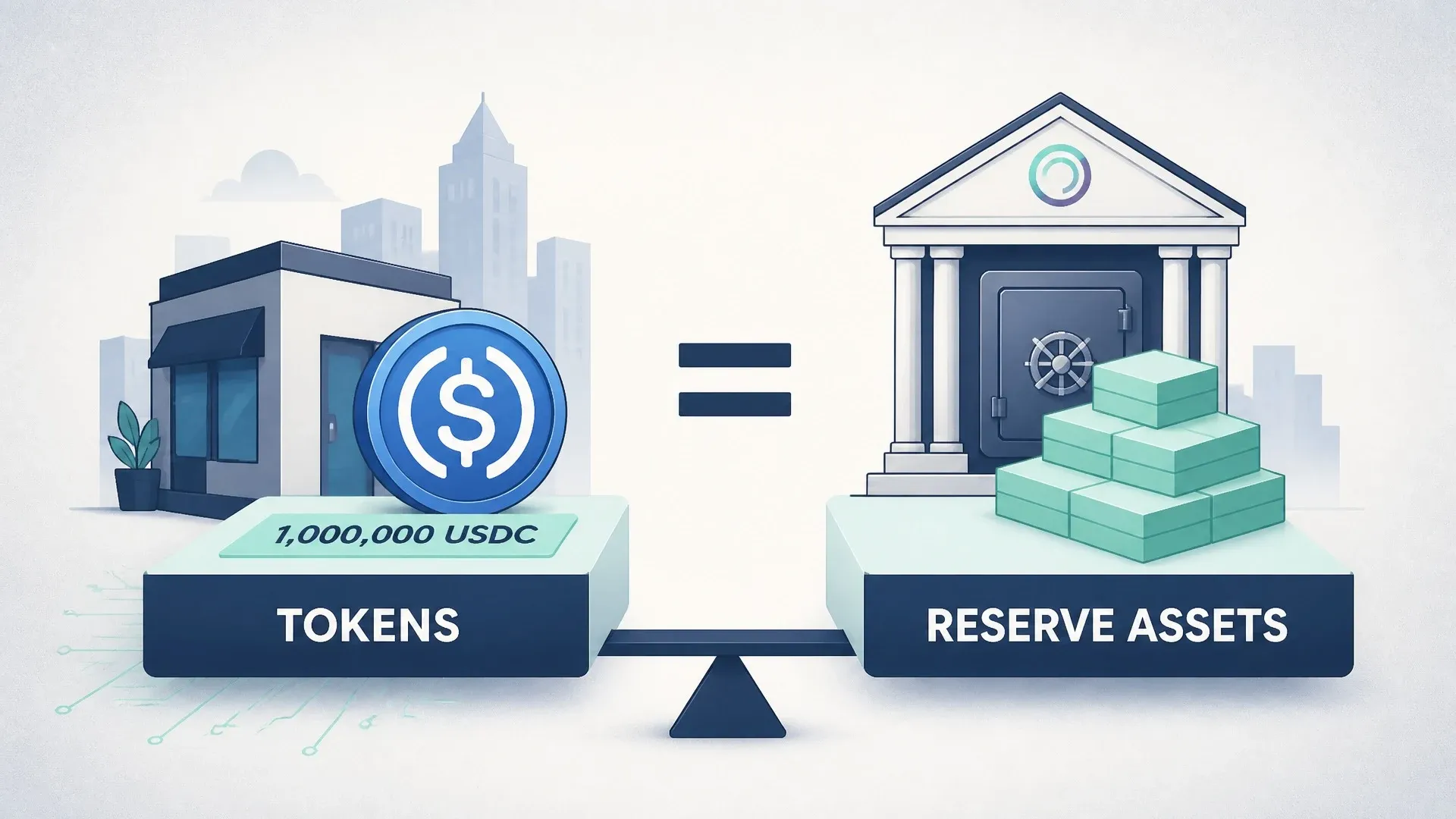 A balance scale compares issued USDC tokens with cash and liquid reserve assets held behind them.