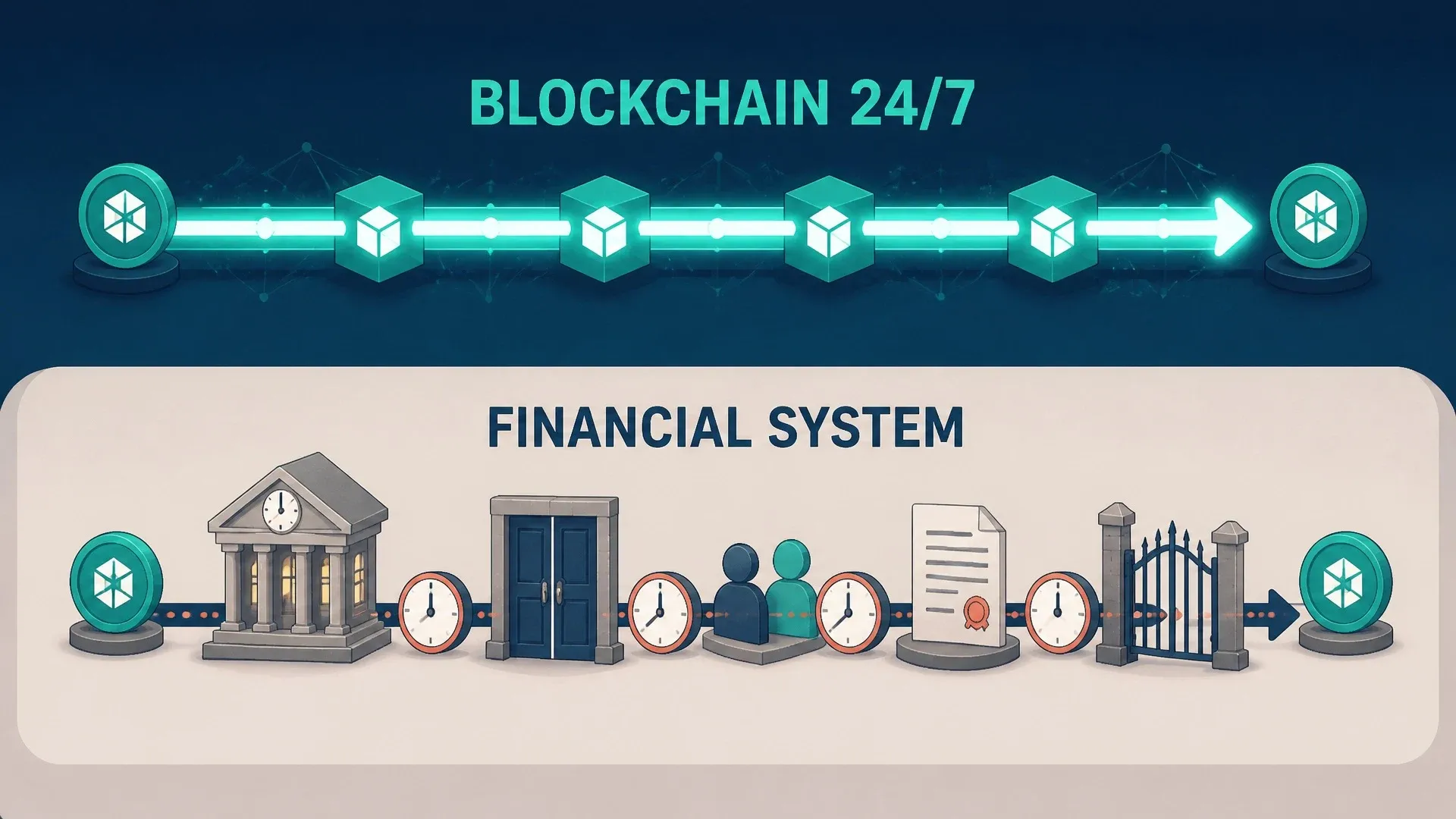 A 24-hour blockchain rail sits above banks and legal processes that operate on different schedules.