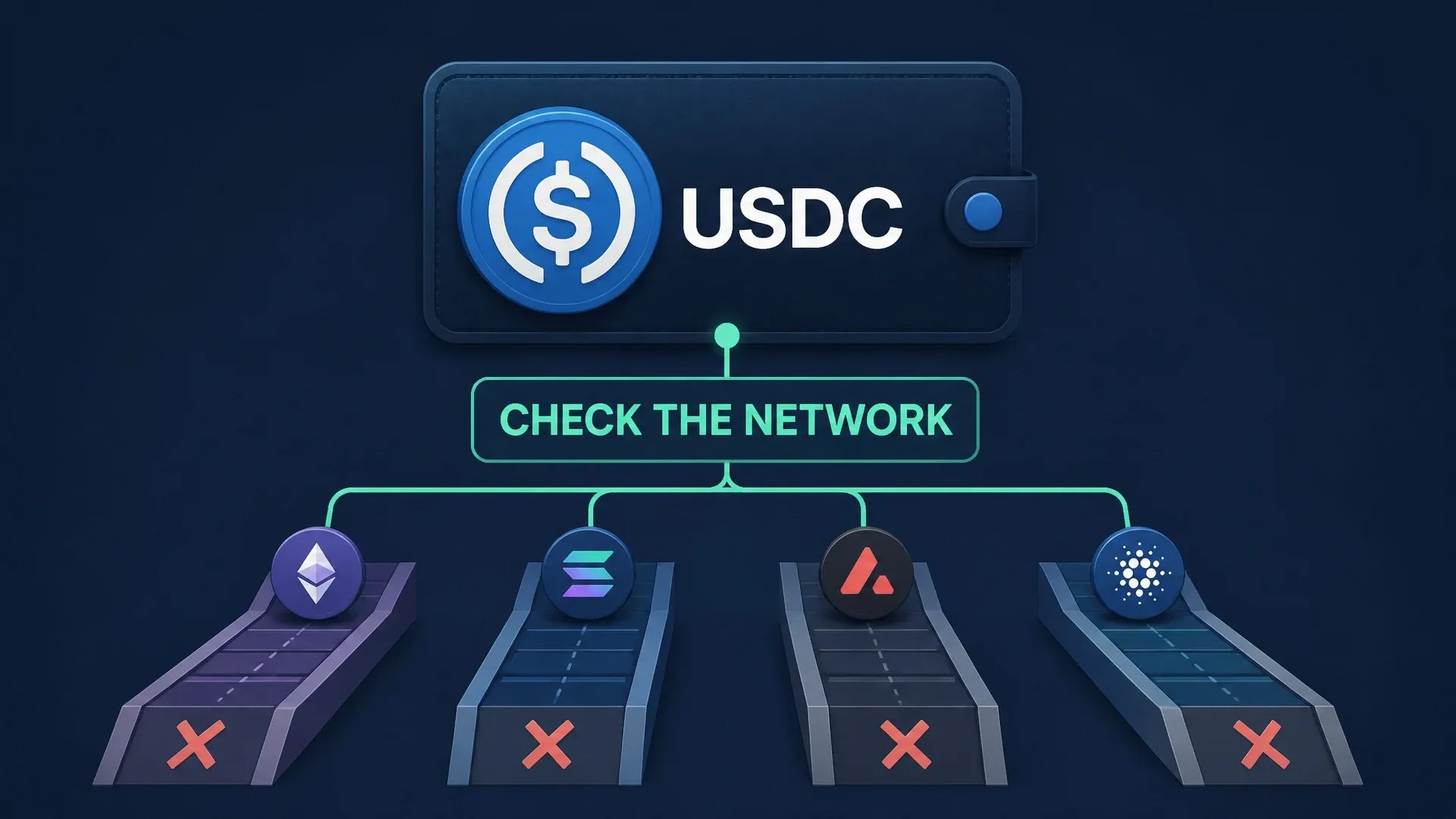 Native USDC is shown across several network lanes with a warning to check the blockchain before transferring.