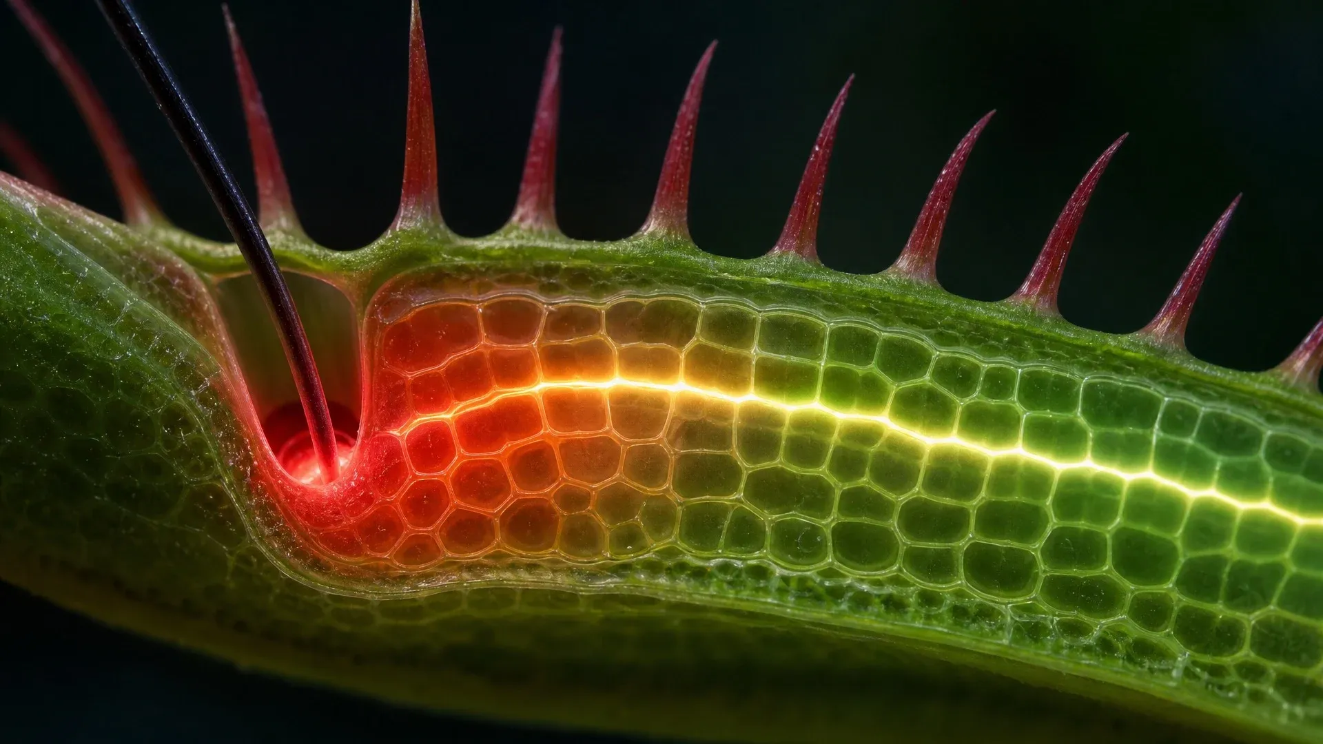 A bent trigger hair sending a red electrical signal through cells in the Venus flytrap leaf.