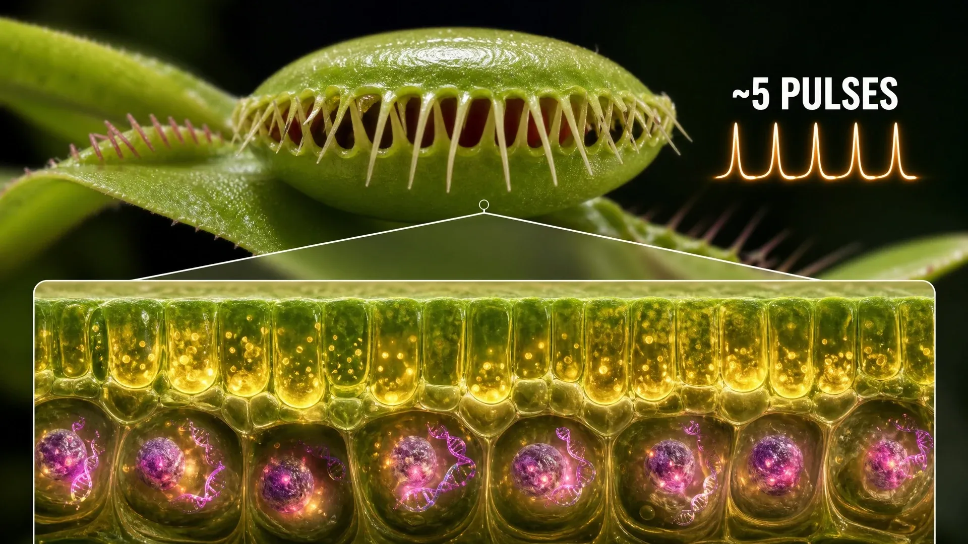 A Venus flytrap cross-section linking about five electrical pulses to active digestive gland cells.