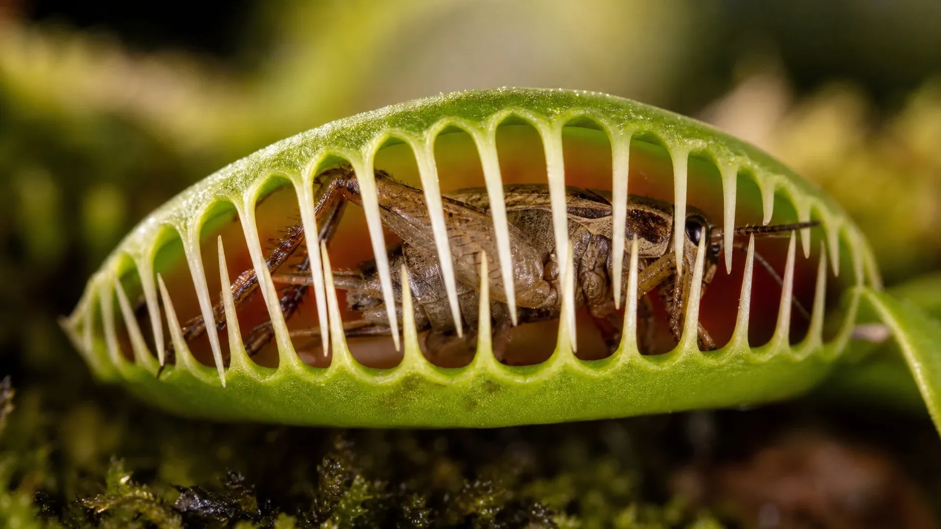 A closed Venus flytrap whose interlocking marginal spikes still leave gaps around captured prey.