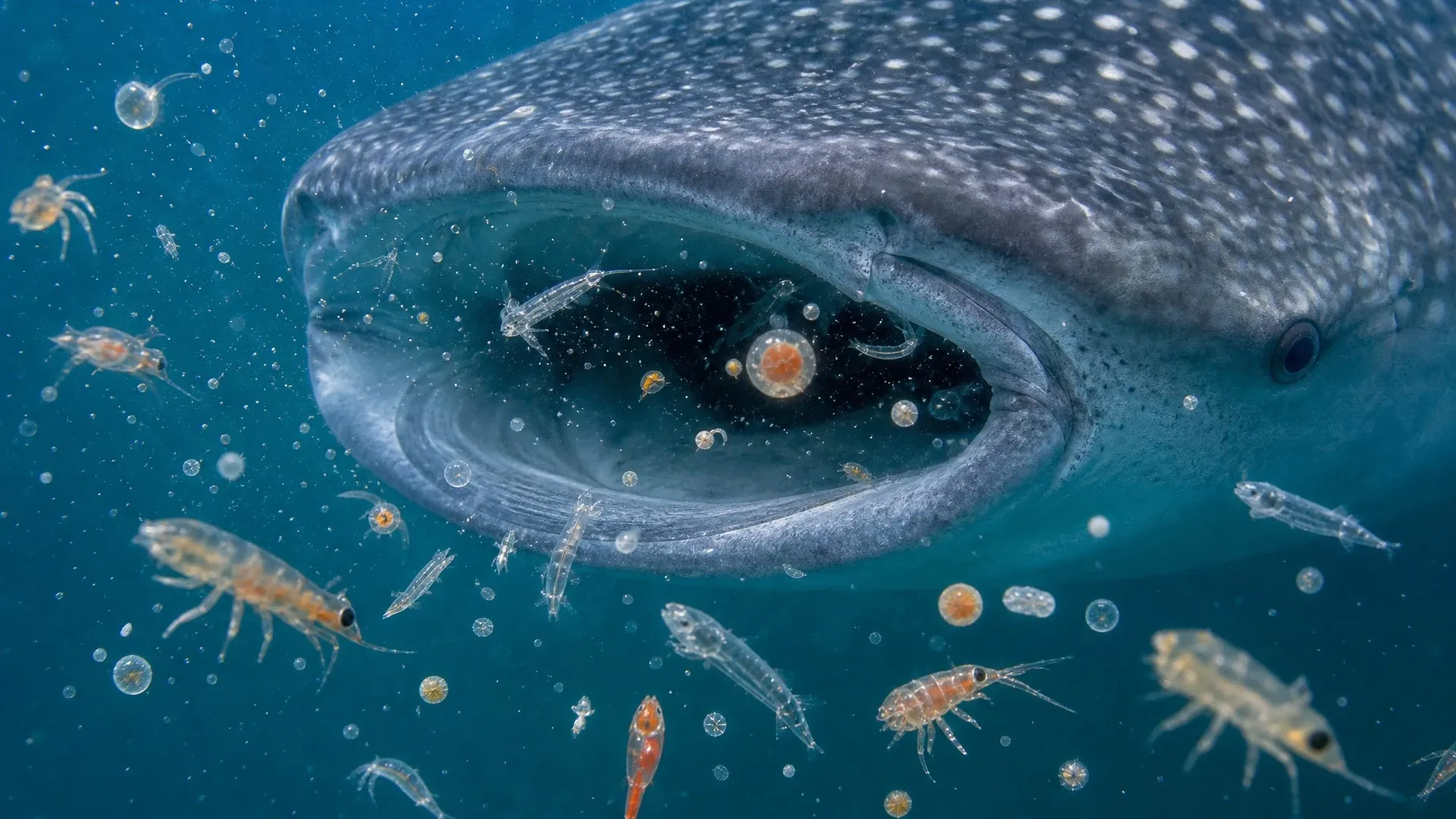 A whale shark opens its mouth among enlarged copepods, fish larvae, and other planktonic animals.