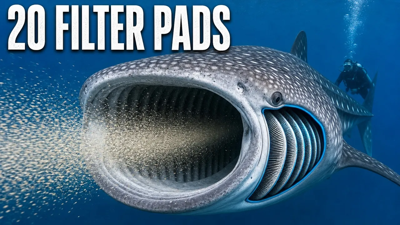 A whale shark filters a cloud of tiny prey through highlighted gill structures beneath the words 20 Filter Pads.