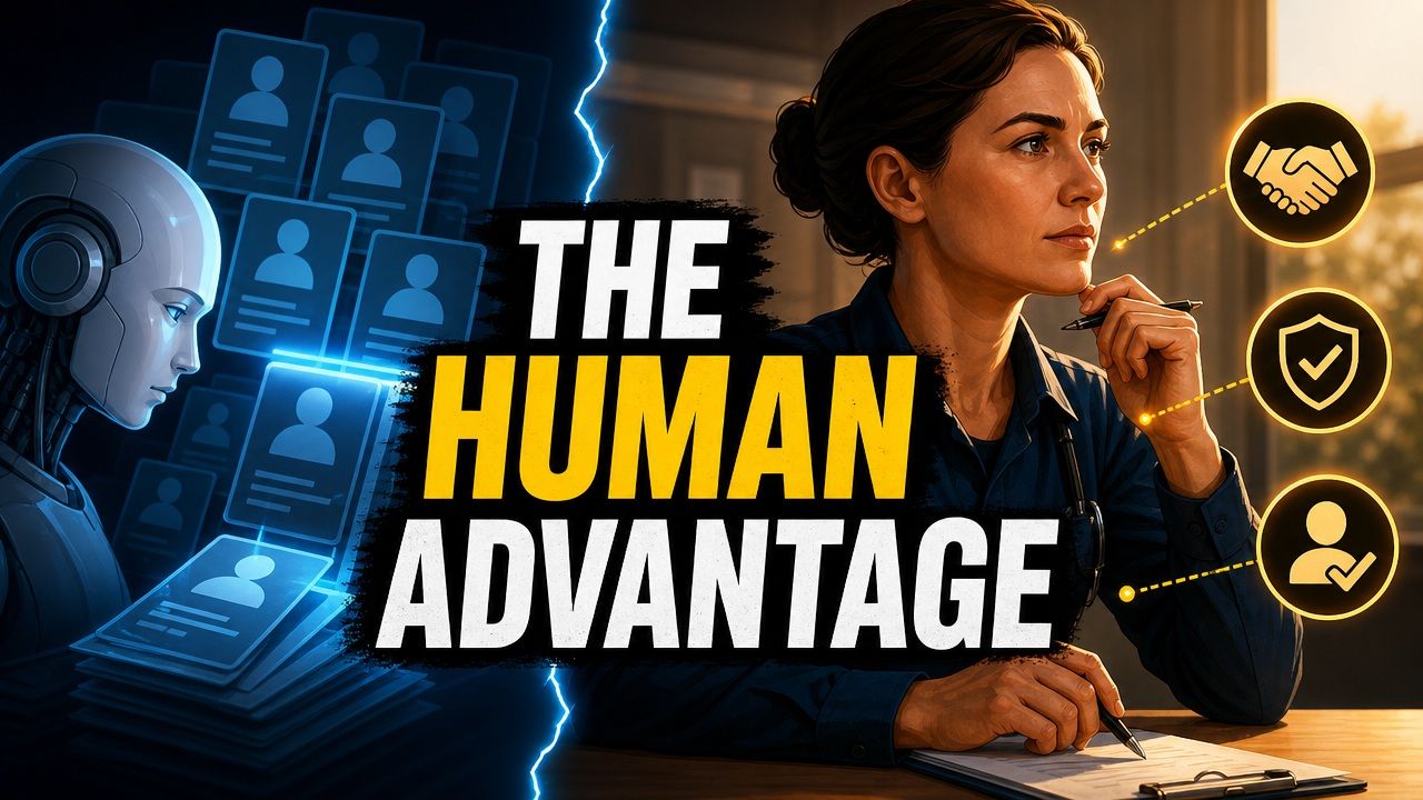 A robot sorting profiles beside a human professional, with symbols for trust, safety, and responsibility.