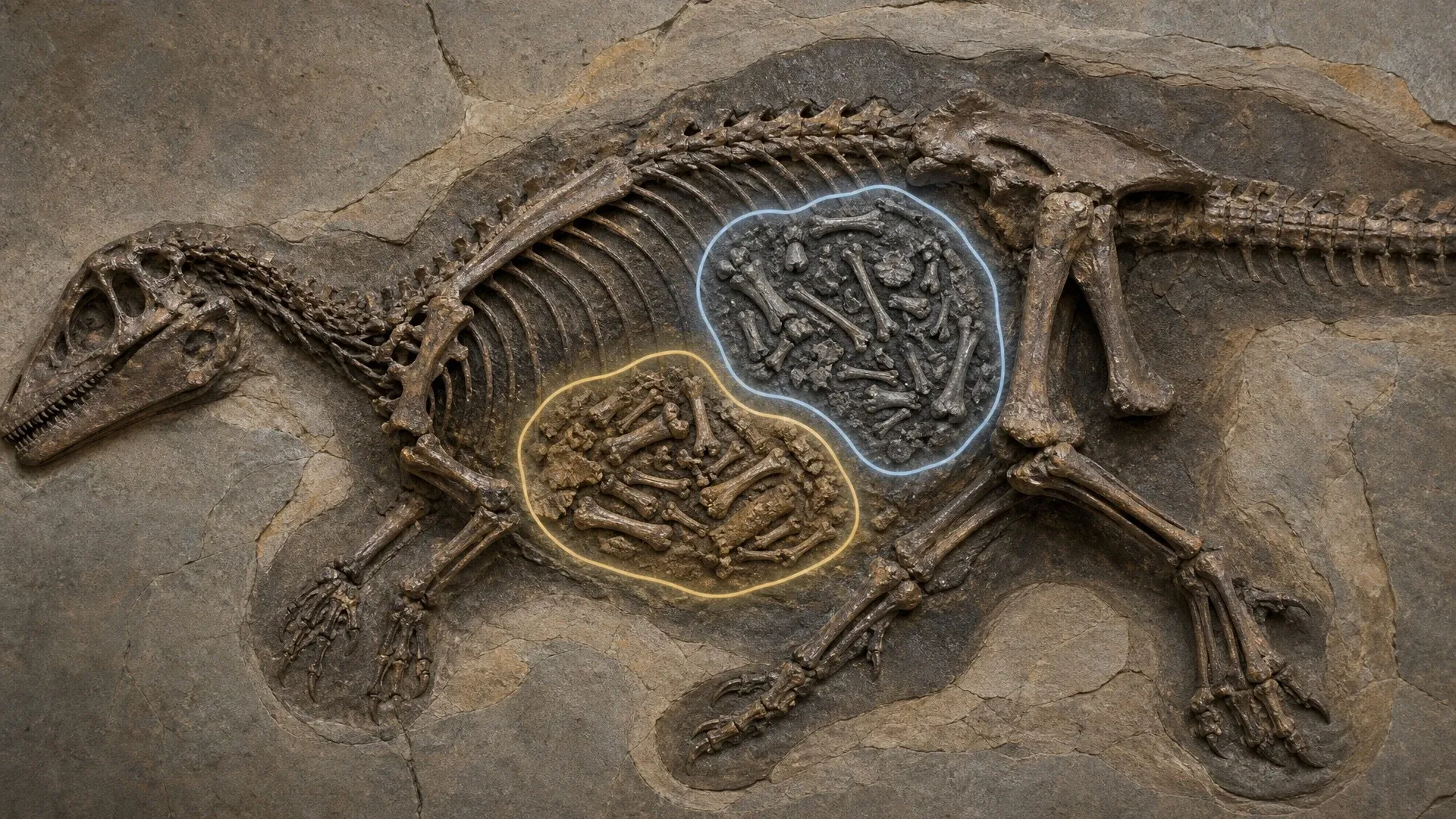 Two differently colored clusters of small bones mark separate meals inside the Gorgosaurus abdominal cavity.
