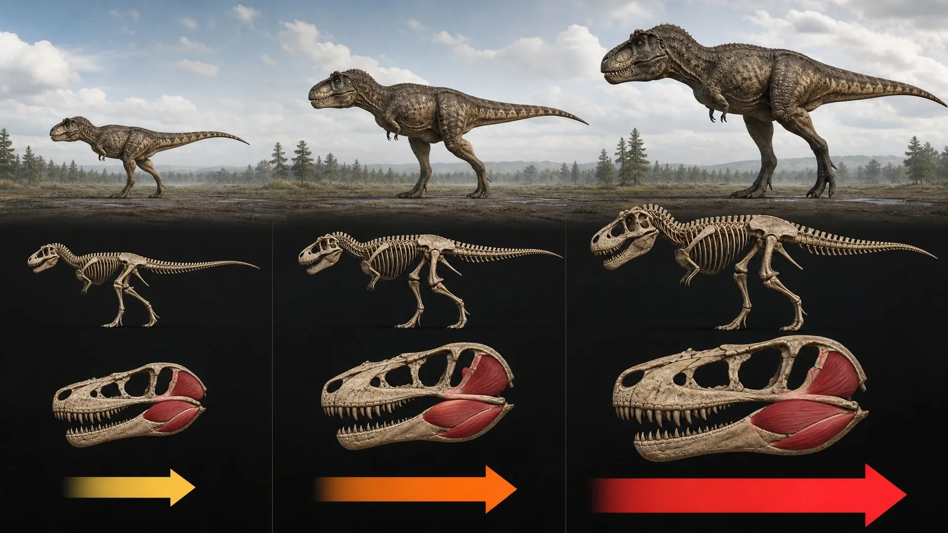 Juvenile, subadult, and adult Gorgosaurus reconstructions show changes in body size, skull depth, and jaw musculature.