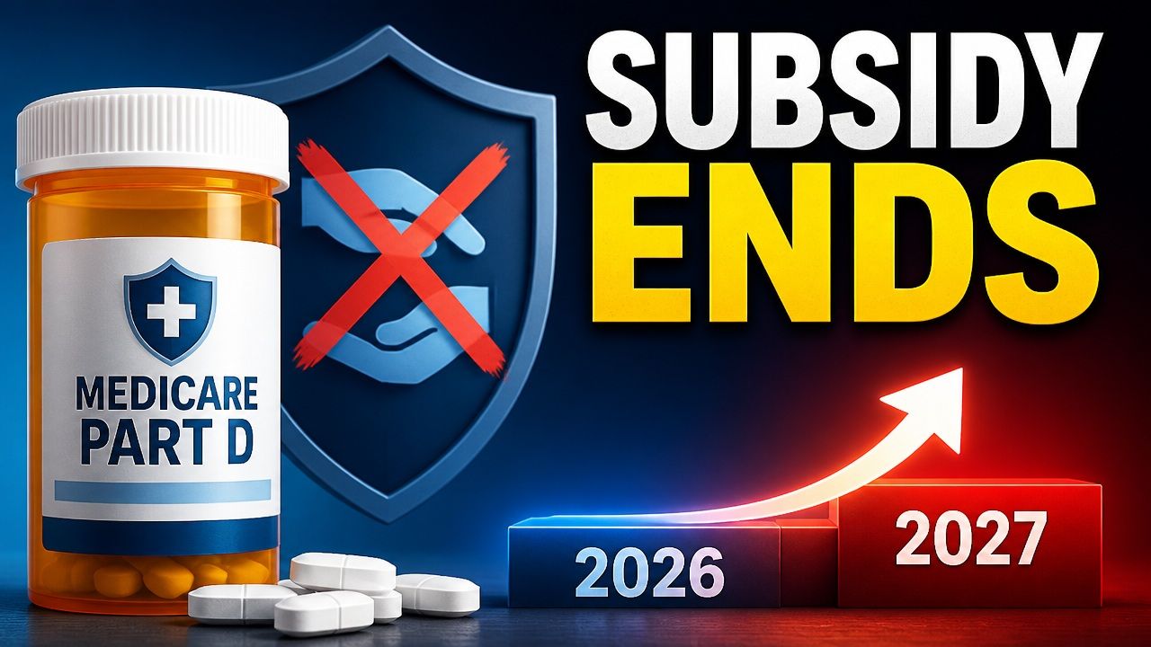 A Medicare Part D prescription bottle beside a crossed-out subsidy shield and a rising 2027 chart.