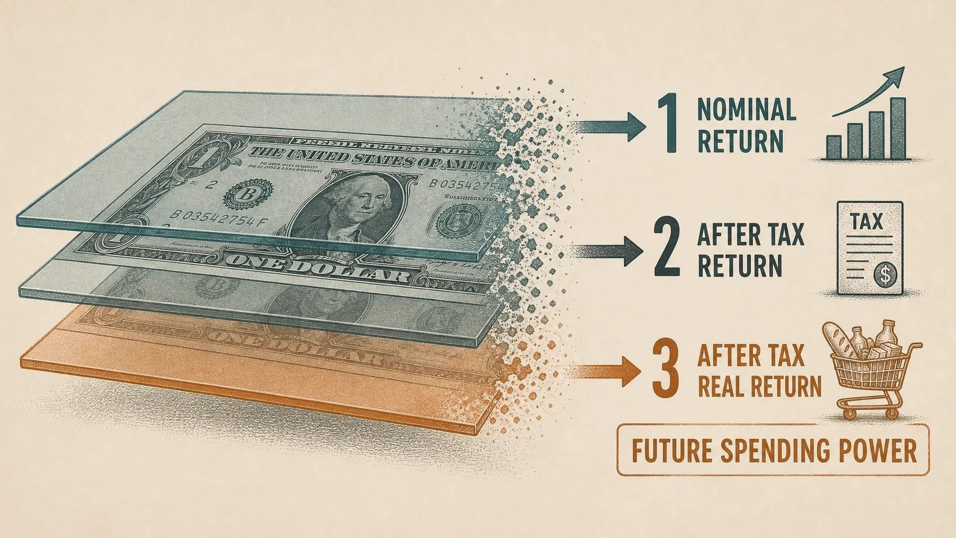 Three layers labeled nominal return, after-tax return, and after-tax real return ending in future spending power.