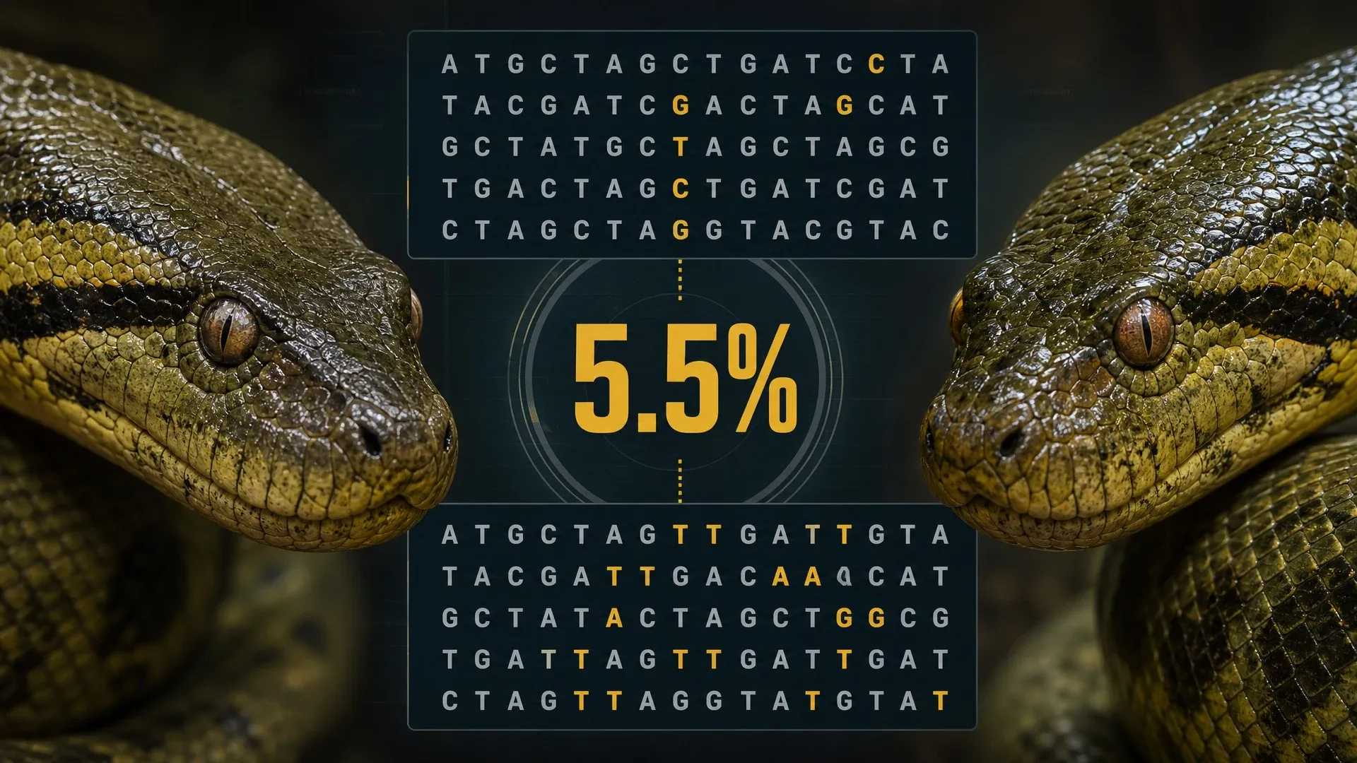 Two green anaconda heads beside mitochondrial DNA sequences and a highlighted 5.5 percent divergence figure.