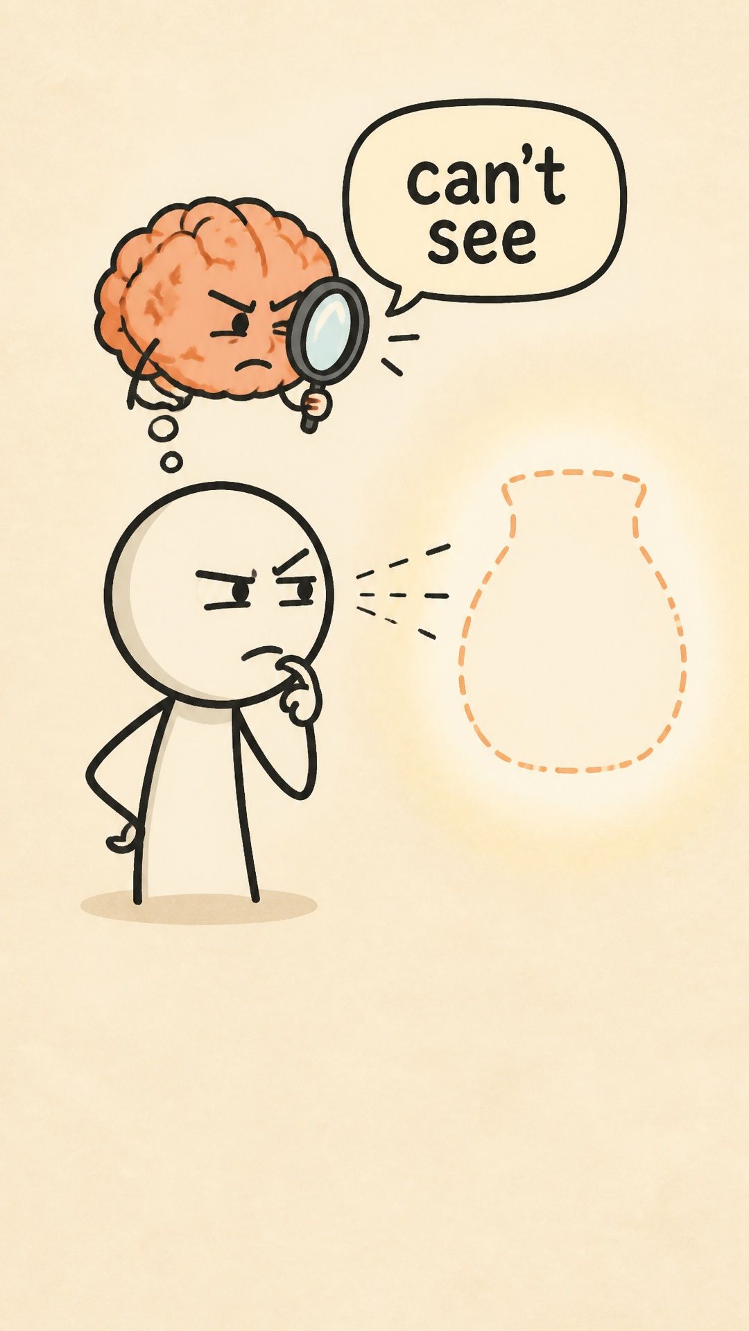 A drawn brain with a magnifying glass looking for the outline of an invisible vase.