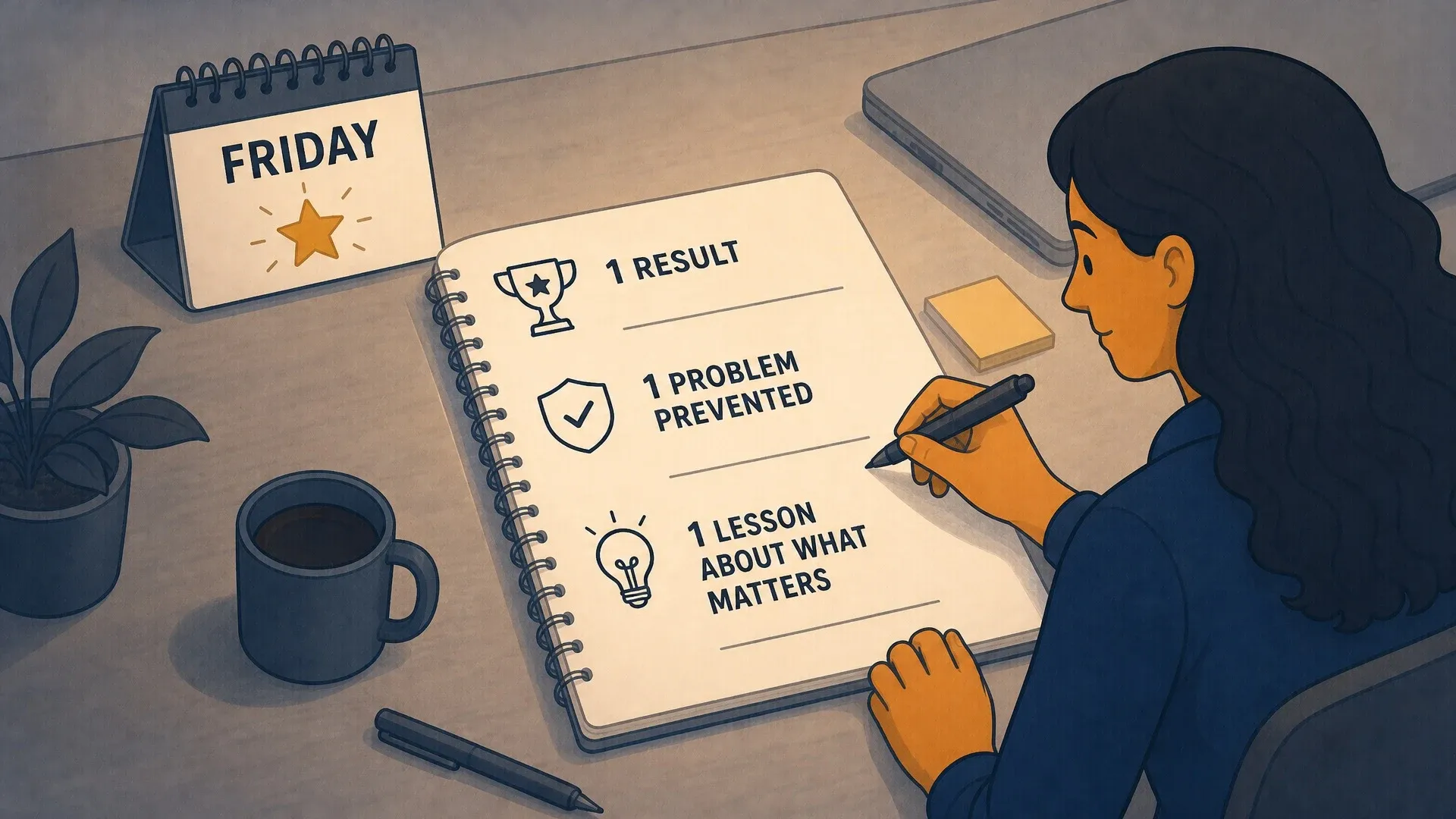 A worker records one result, one prevented problem, and one lesson in a weekly notebook.