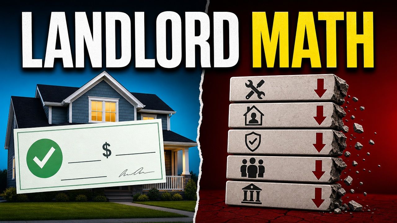 A house and rent check contrasted with a crumbling stack of landlord expenses beneath the words Landlord Math.
