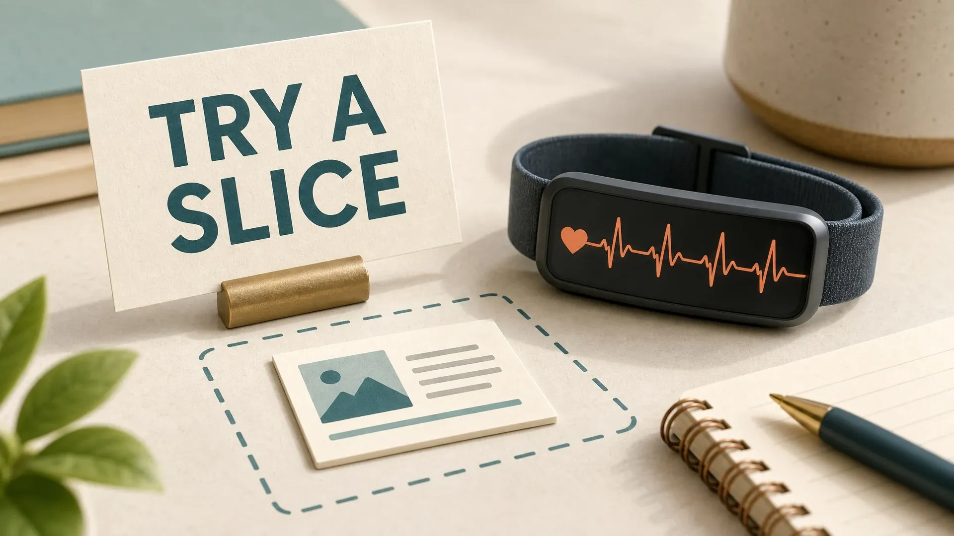 A desk with a small sample project and activity monitor under the words Try a slice.