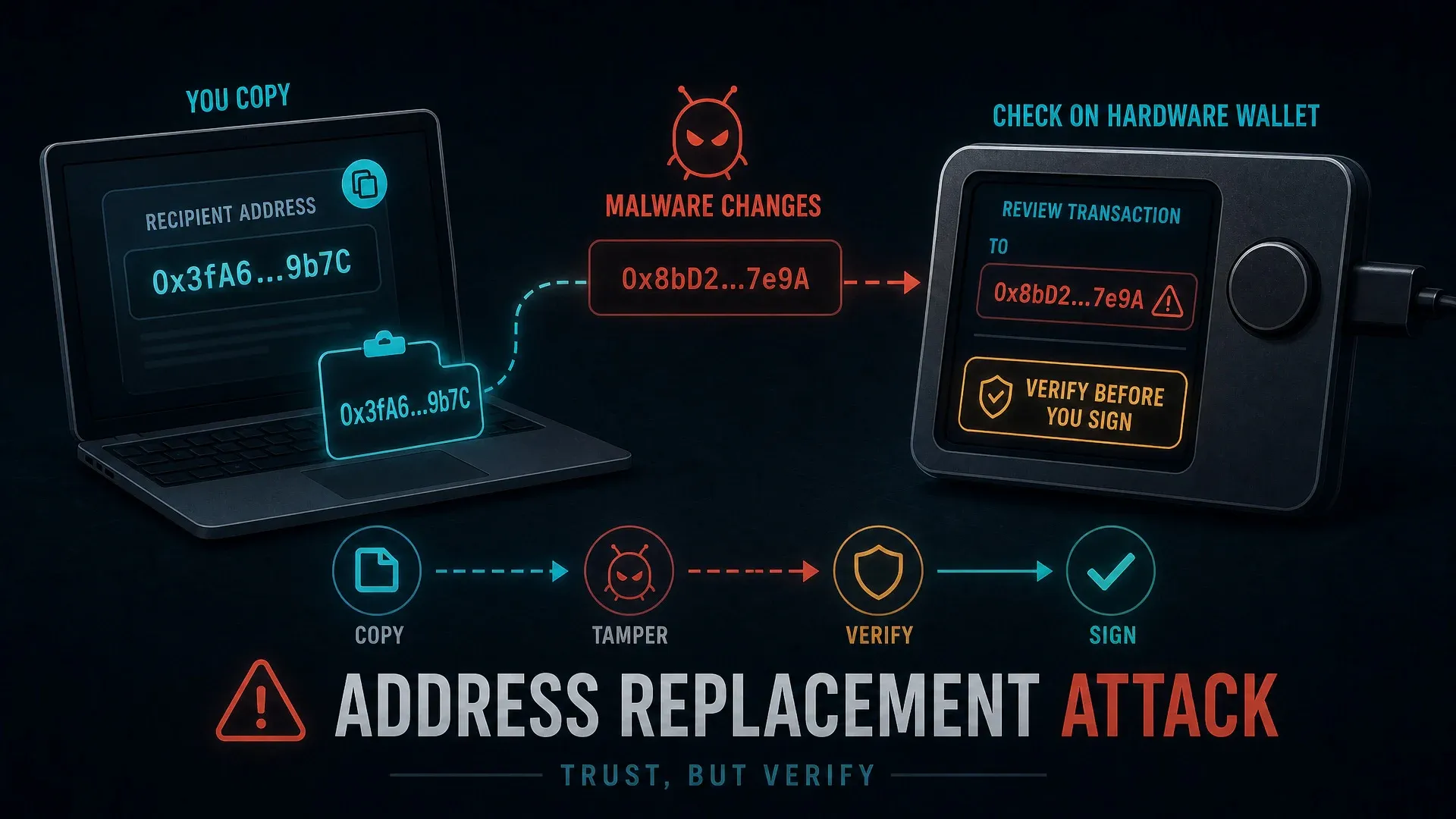 A laptop address changed by malware while a hardware wallet shows the address to verify before signing.