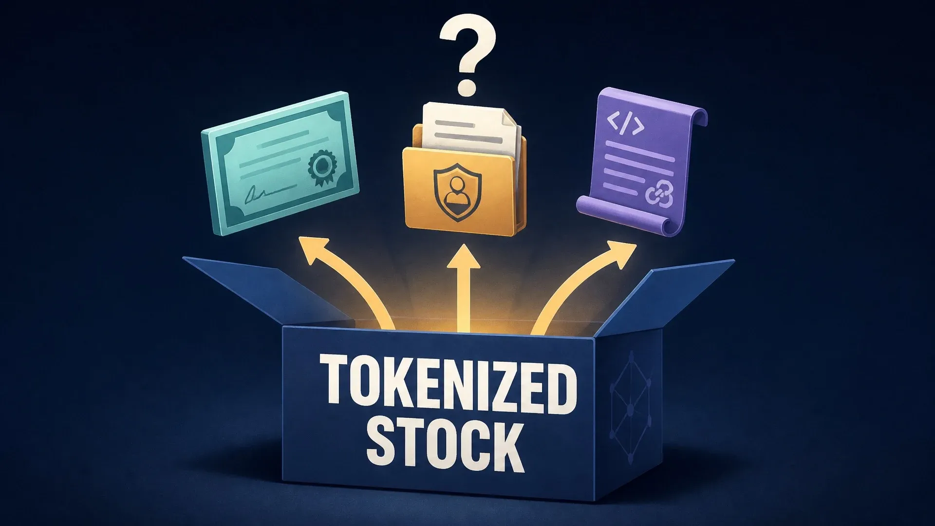 A box labeled tokenized stock points to a share certificate, a custody document, and a contract.