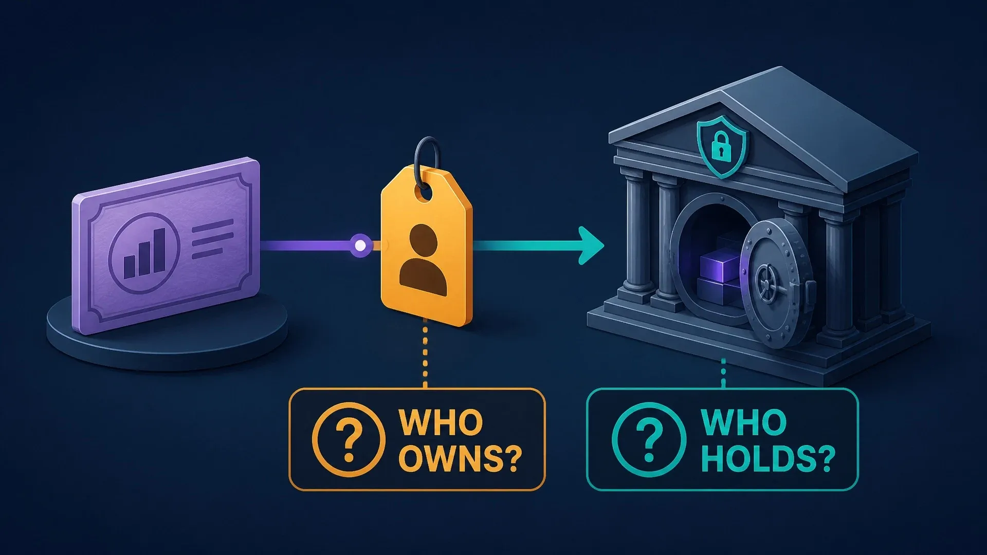 A stock token connects to an ownership document and a custodian, with separate questions about who owns and who holds the shares.