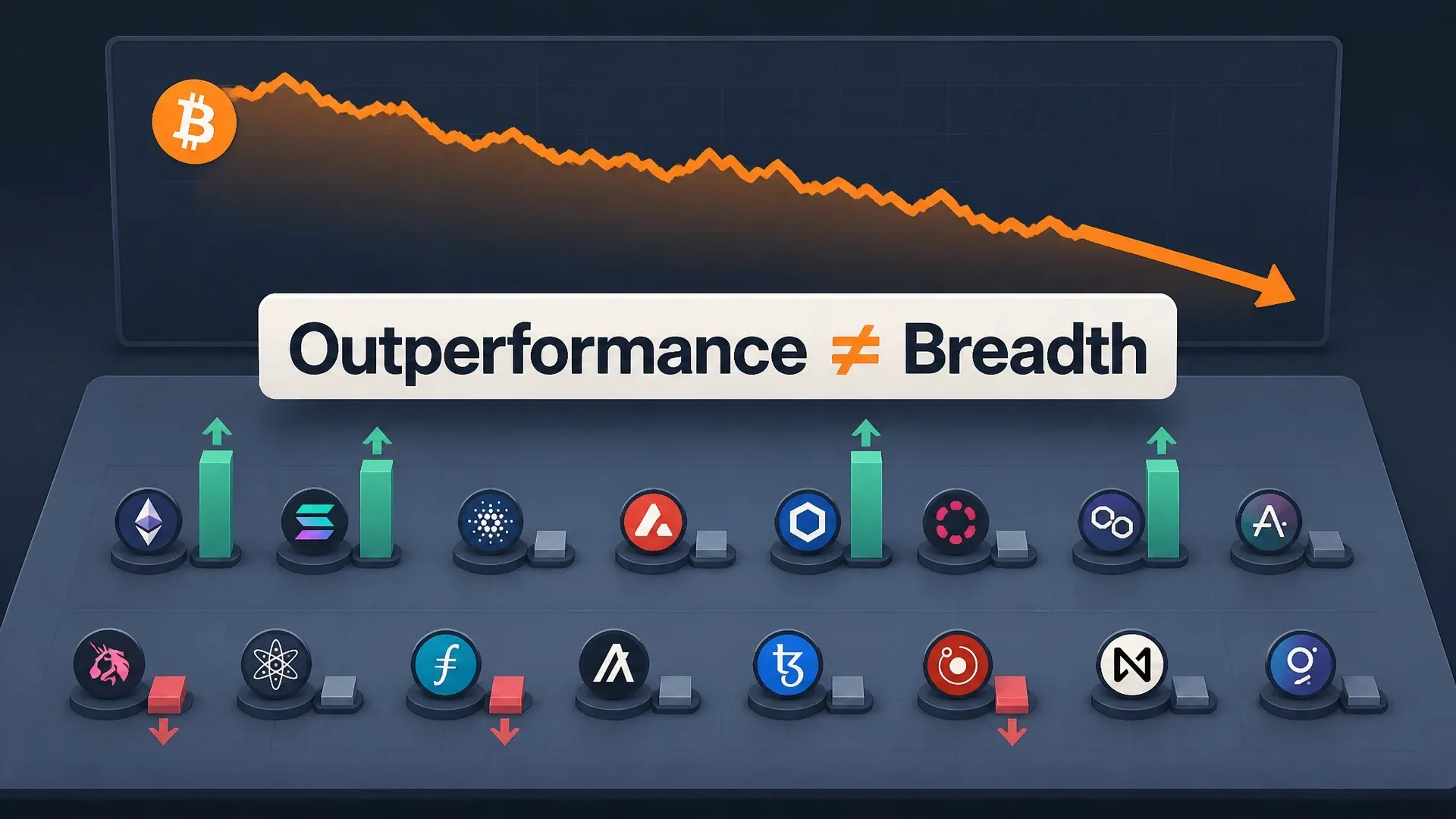 A falling Bitcoin dominance line above many mixed-performing crypto assets labeled outperformance is not breadth.