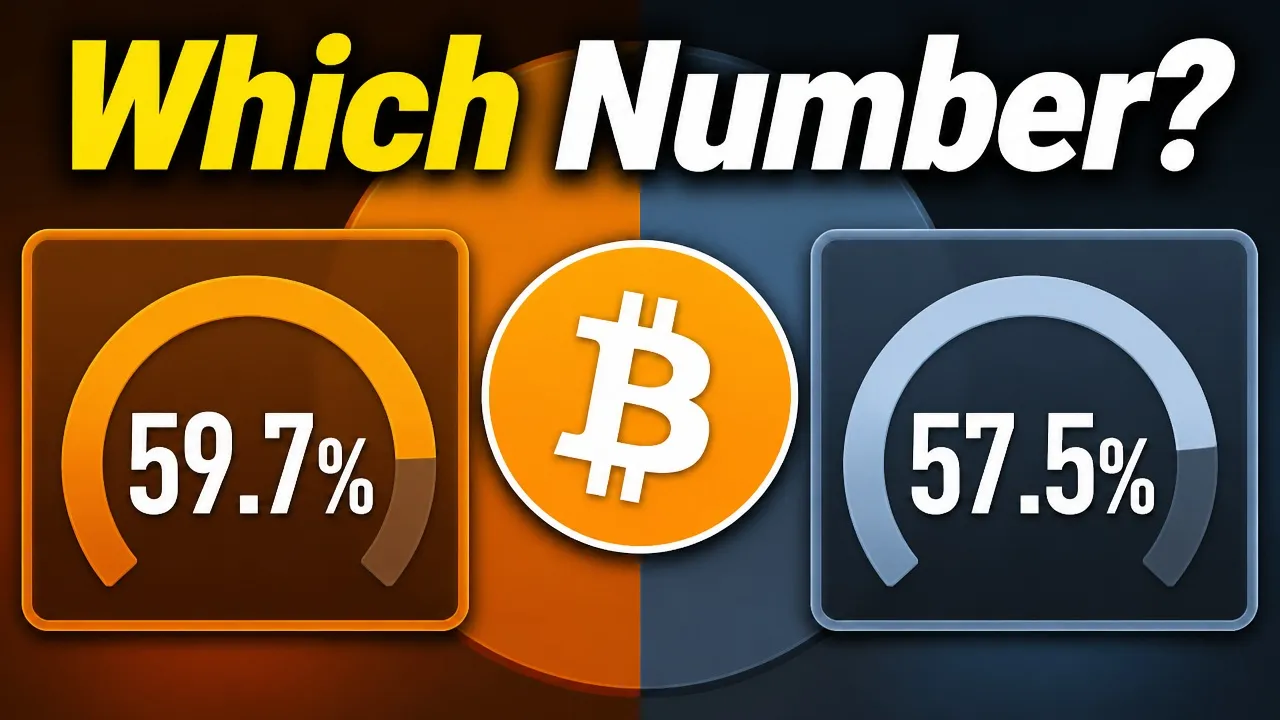 Bitcoin between two dashboard gauges showing different dominance percentages under the words Which Number?