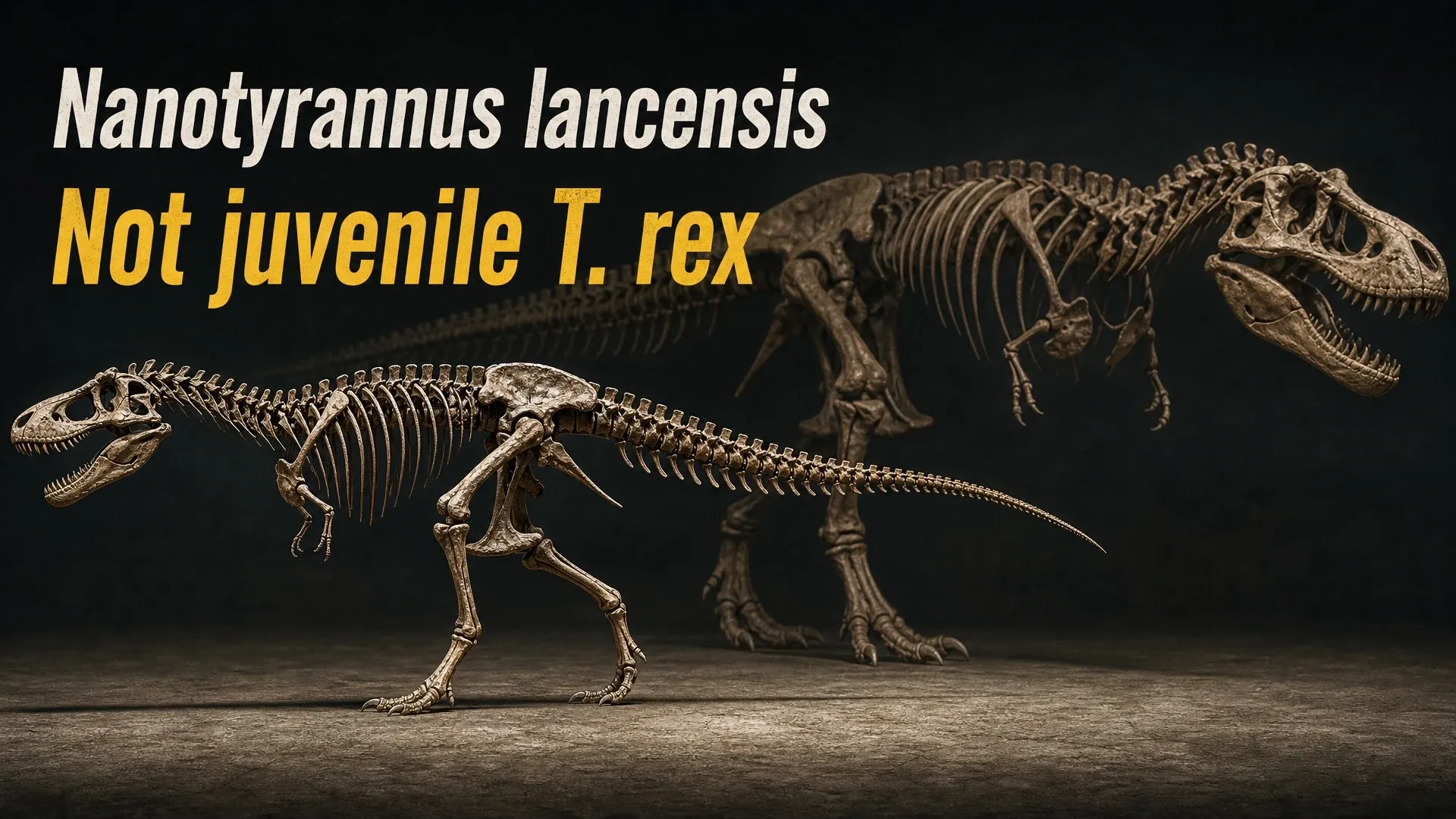 Skeletons labeled Nanotyrannus lancensis and T. rex compared under the statement Not juvenile T. rex.