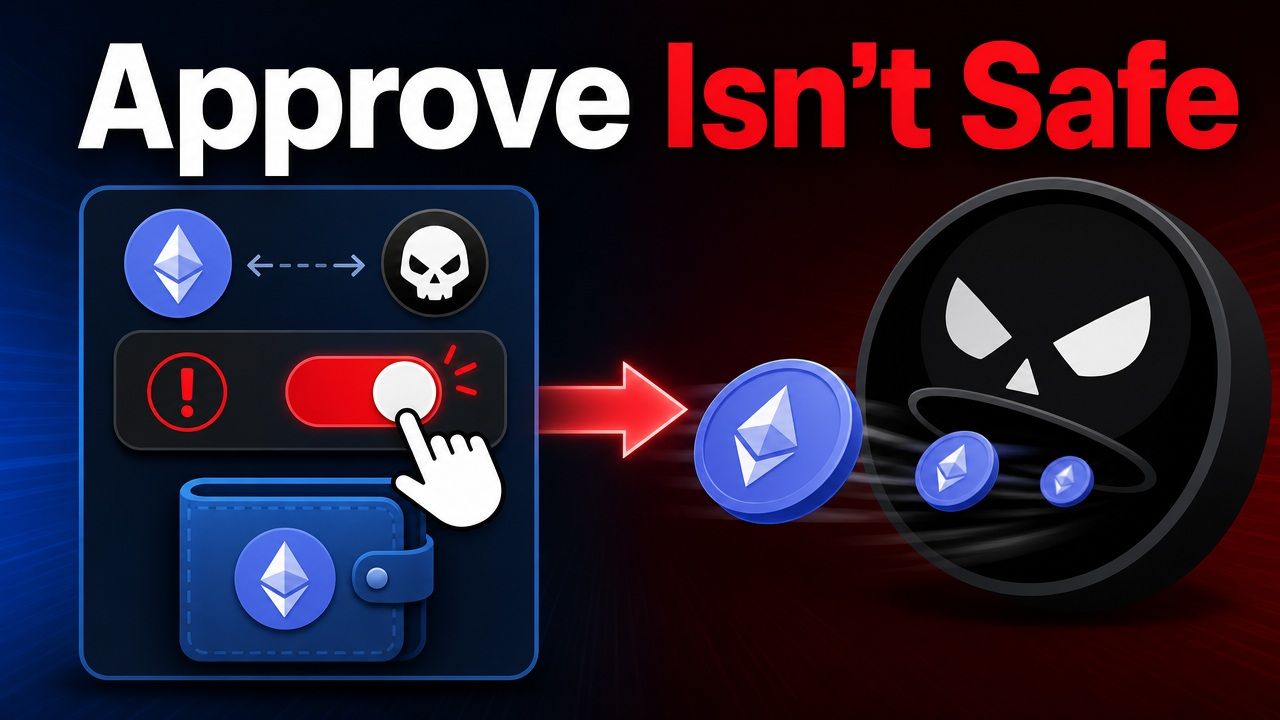 An Ethereum wallet approval switch sending tokens toward a dark skull symbol under the warning Approve Isn't Safe.