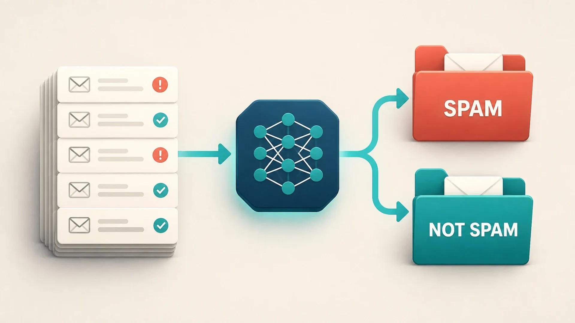 Incoming messages pass through a model and are directed toward spam and not-spam folders.