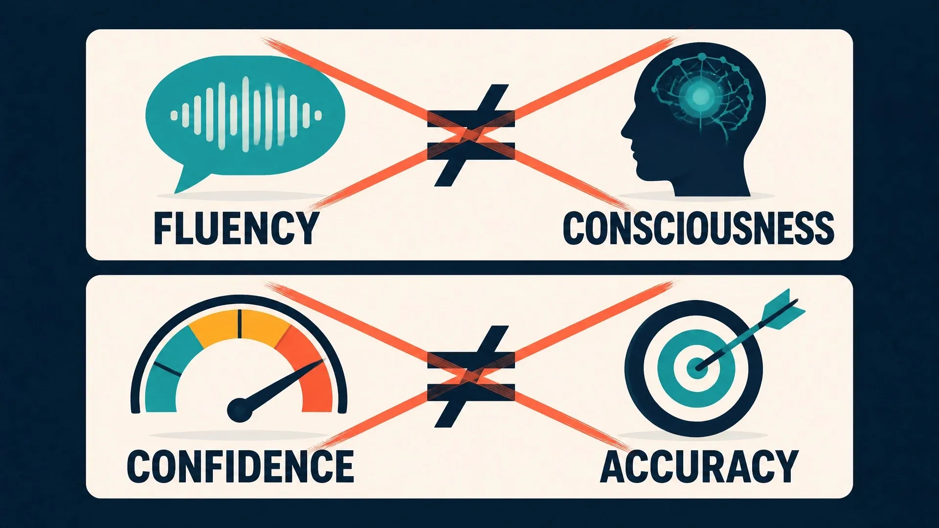 Two comparisons show that fluency does not establish consciousness and confidence does not establish accuracy.