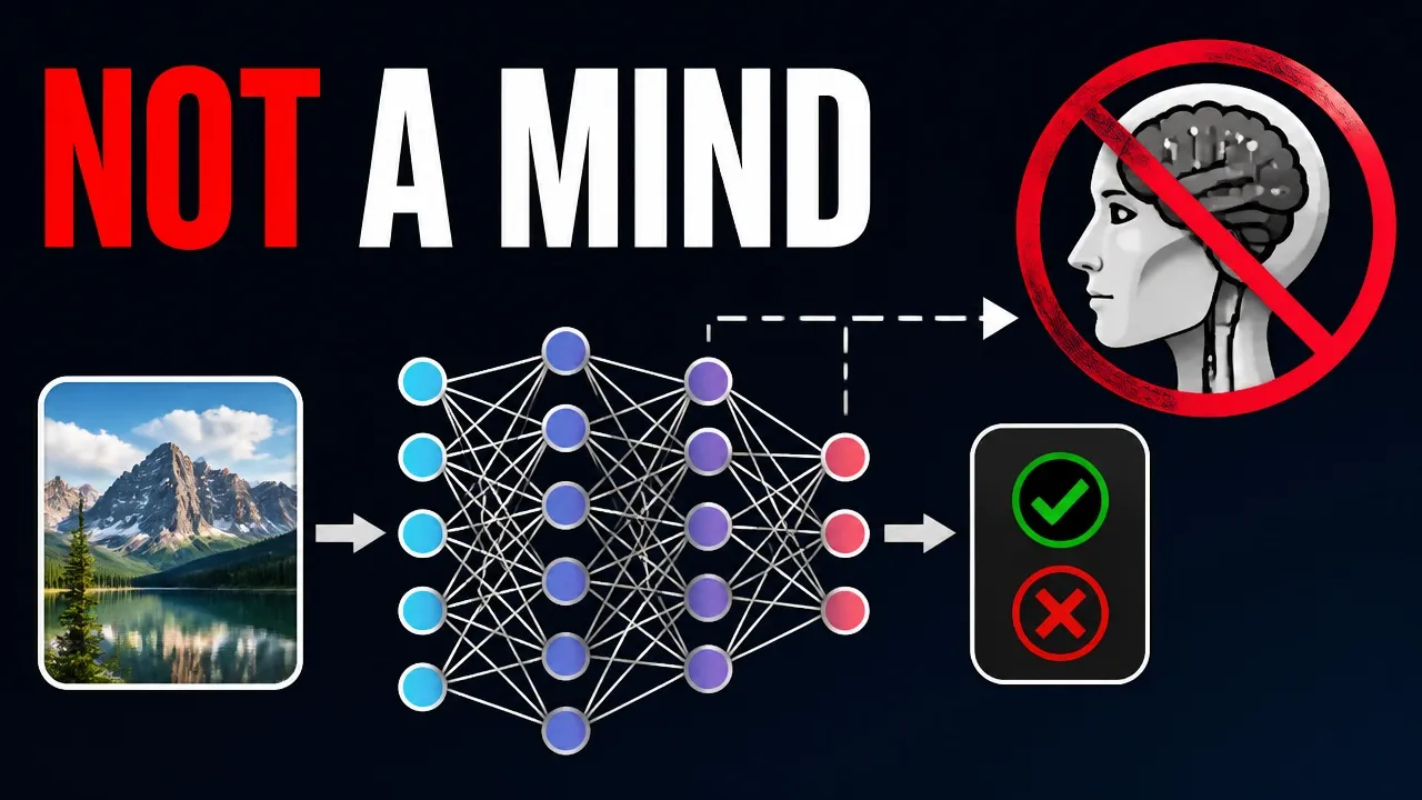 Video thumbnail showing an image entering a neural network beside the words Not a Mind and a crossed-out human-like head.