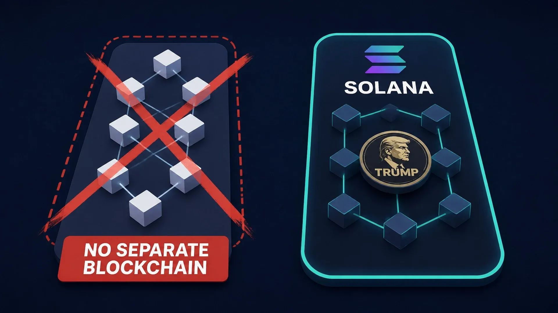A crossed-out standalone blockchain is contrasted with the TRUMP token operating inside the Solana network.