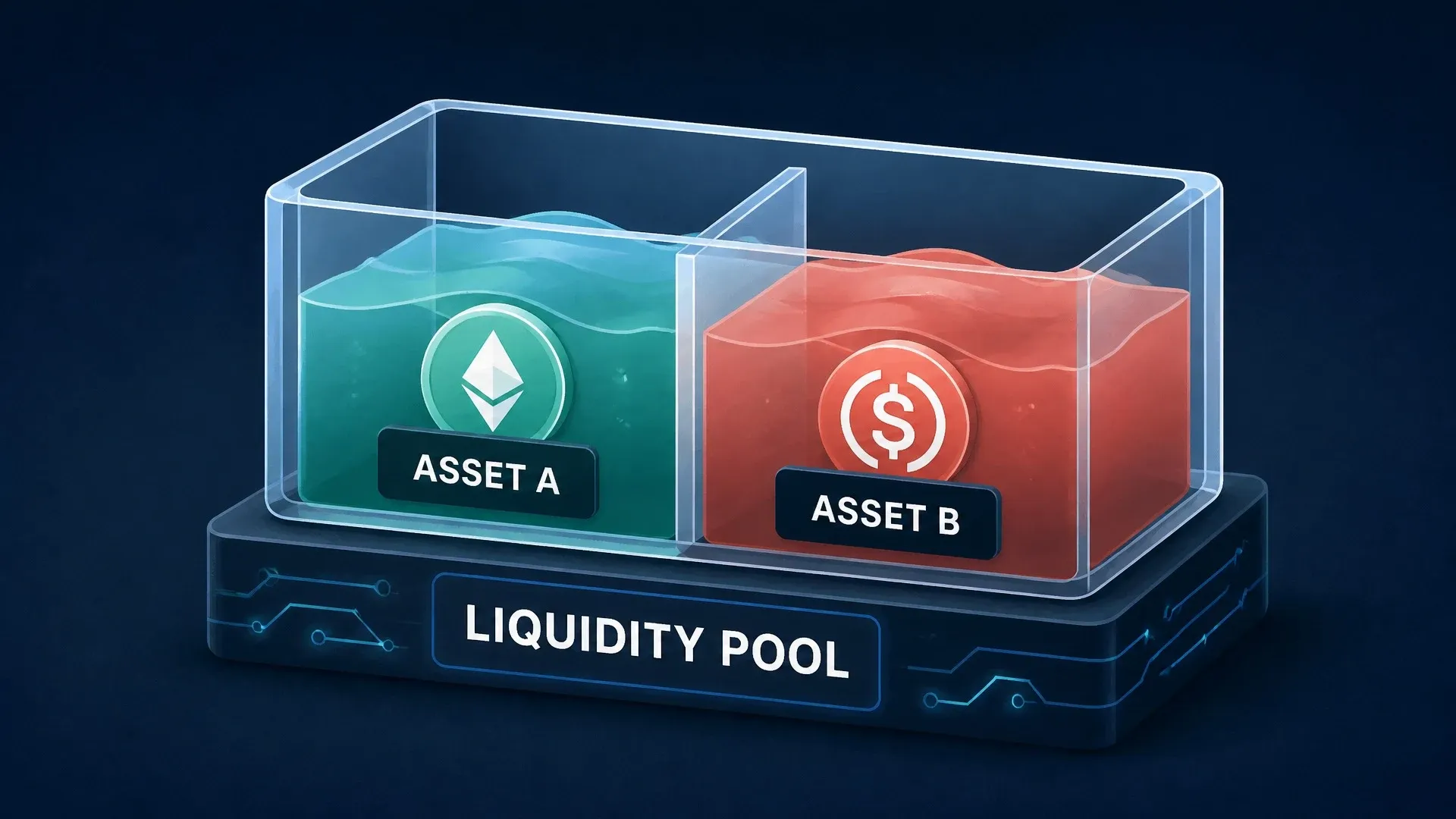 Two token reserves sit inside a transparent automated liquidity pool marked Asset A and Asset B.