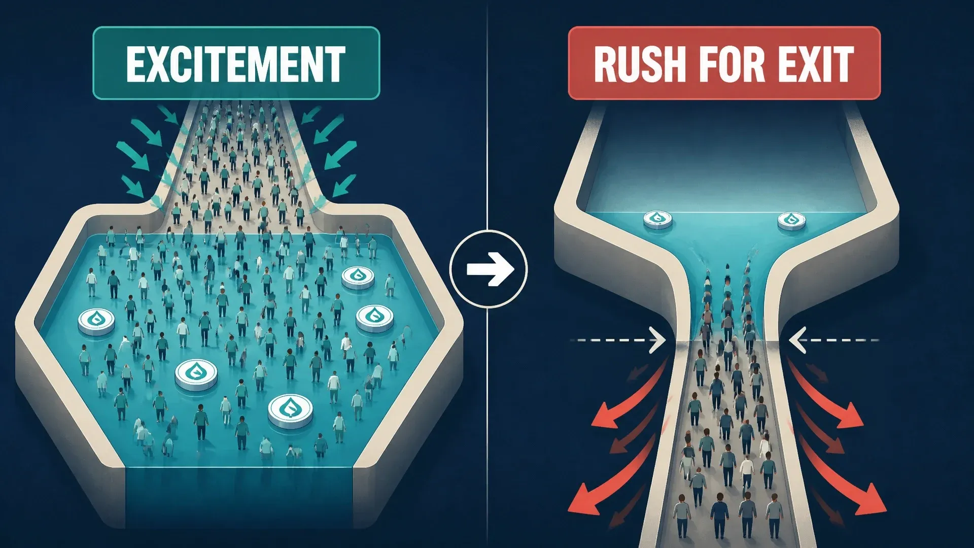 A crowded token market during excitement narrows into a difficult exit as many holders try to leave.