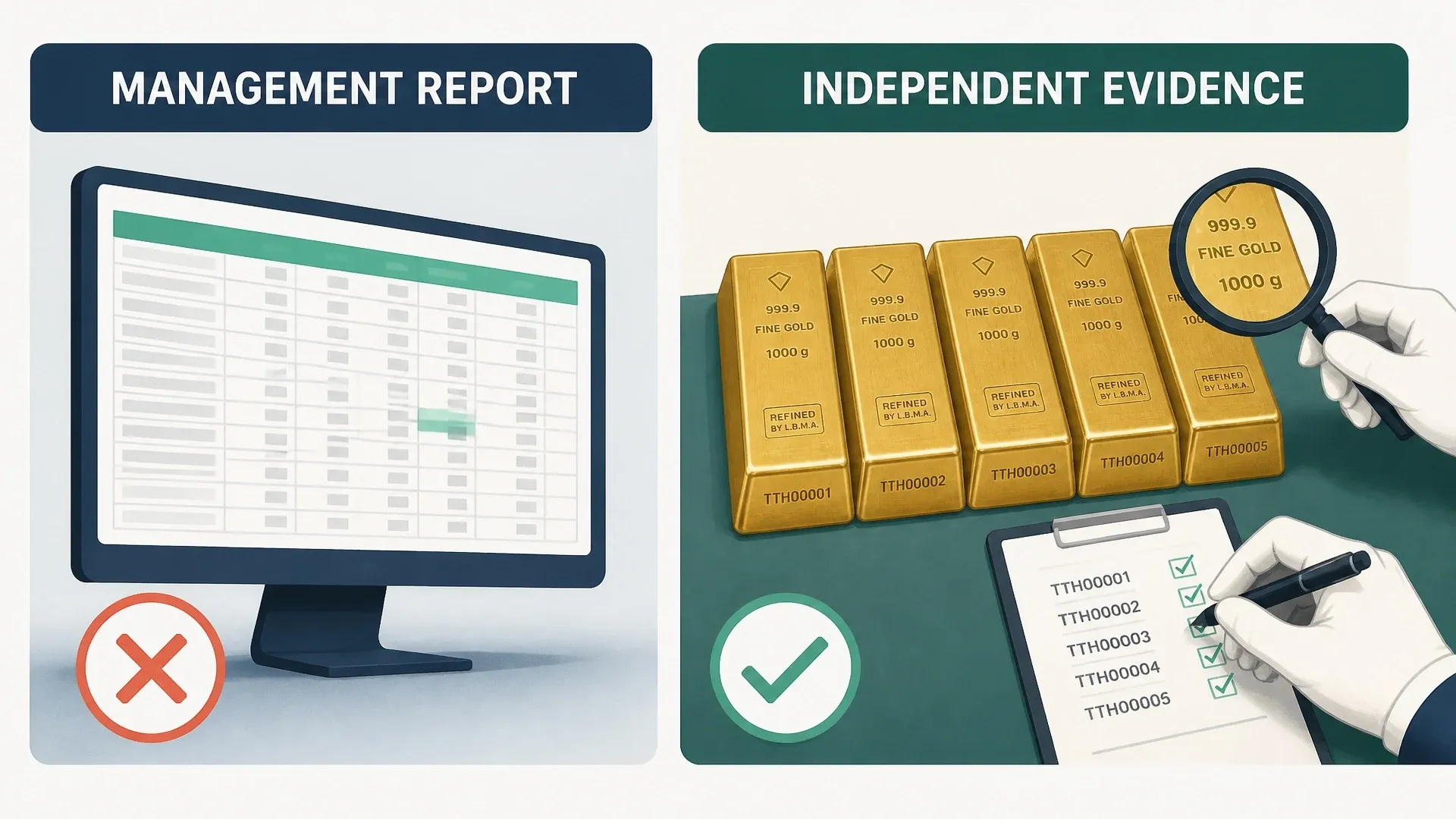 A management spreadsheet marked with a red cross beside independently inspected gold bars and audit notes.