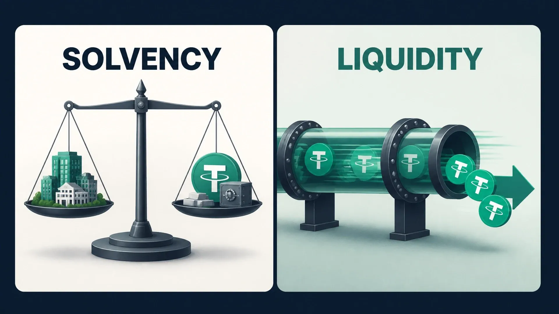 Solvency shown as balanced assets and liabilities beside liquidity shown as tokens moving through a narrow pipe.