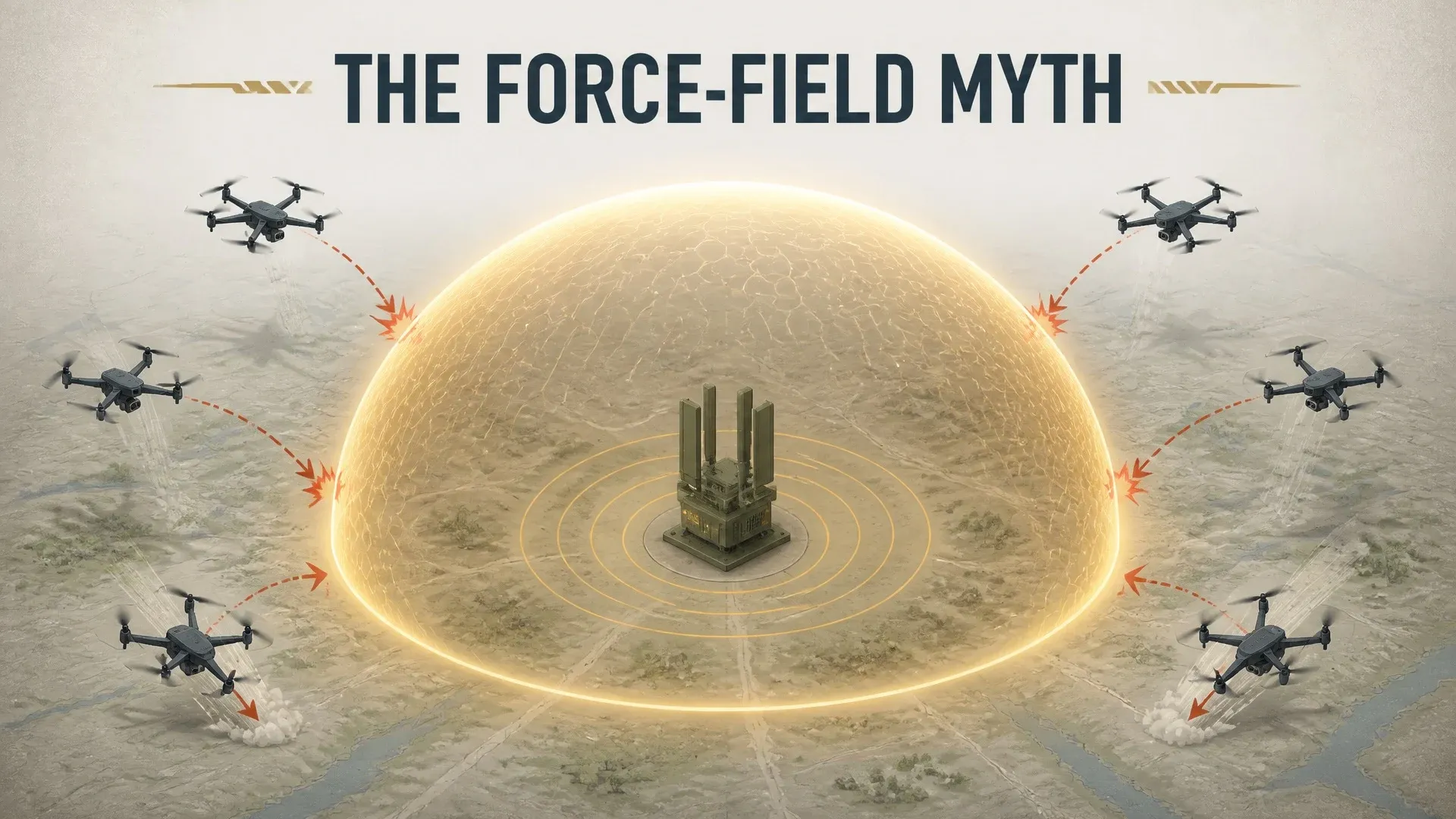 Several drones approach a glowing defensive bubble around an electronic-warfare jammer.