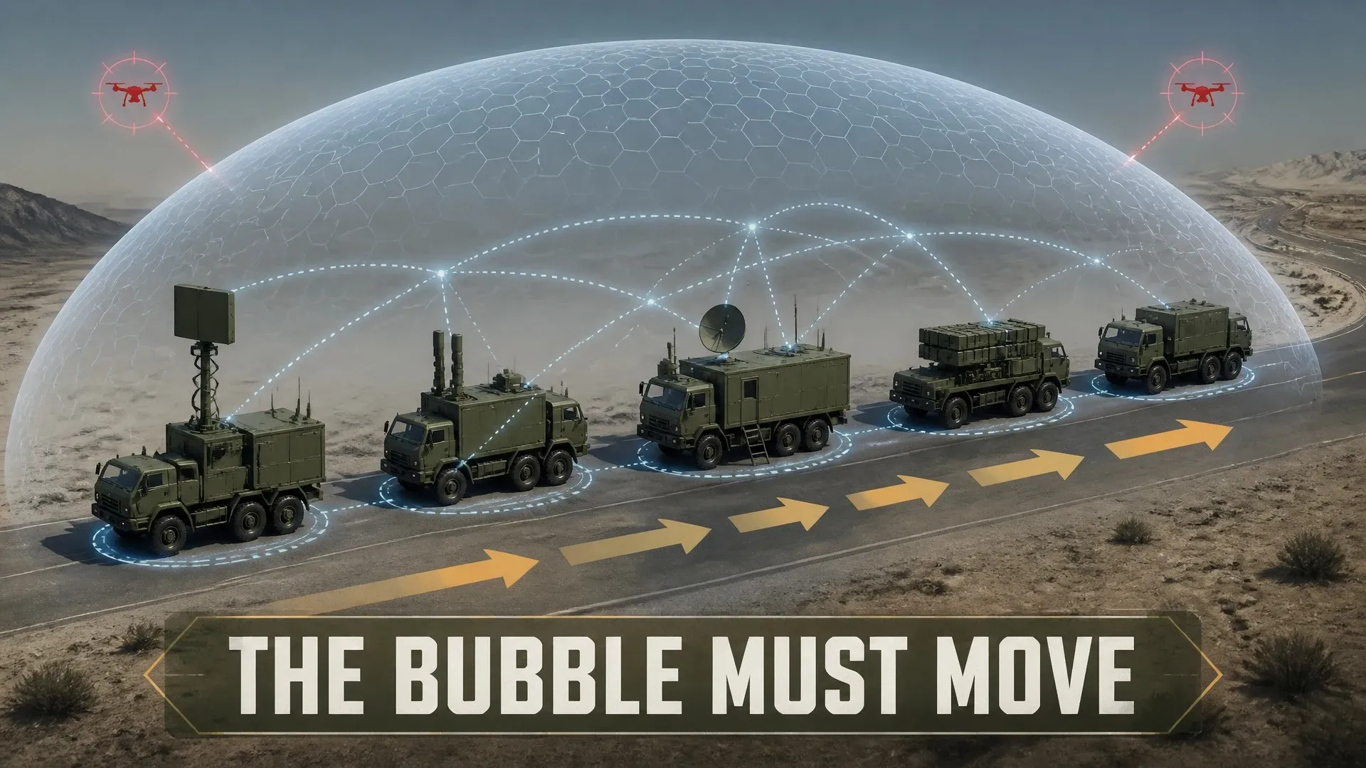 Radar, jamming, and interceptor vehicles move together beneath a layered protective dome.