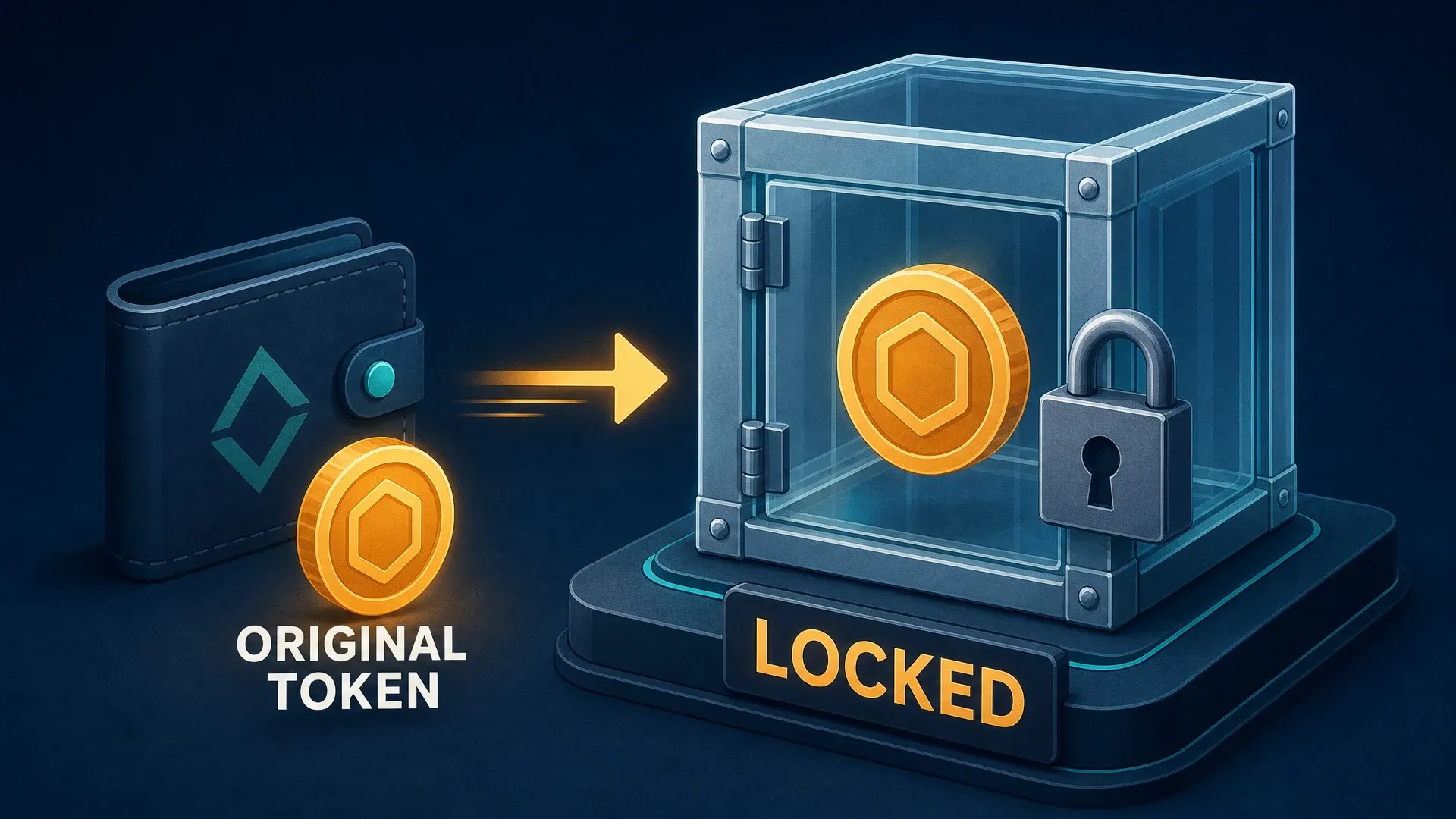 Original tokens moving into a locked vault as the first step of a cross-chain bridge transfer.